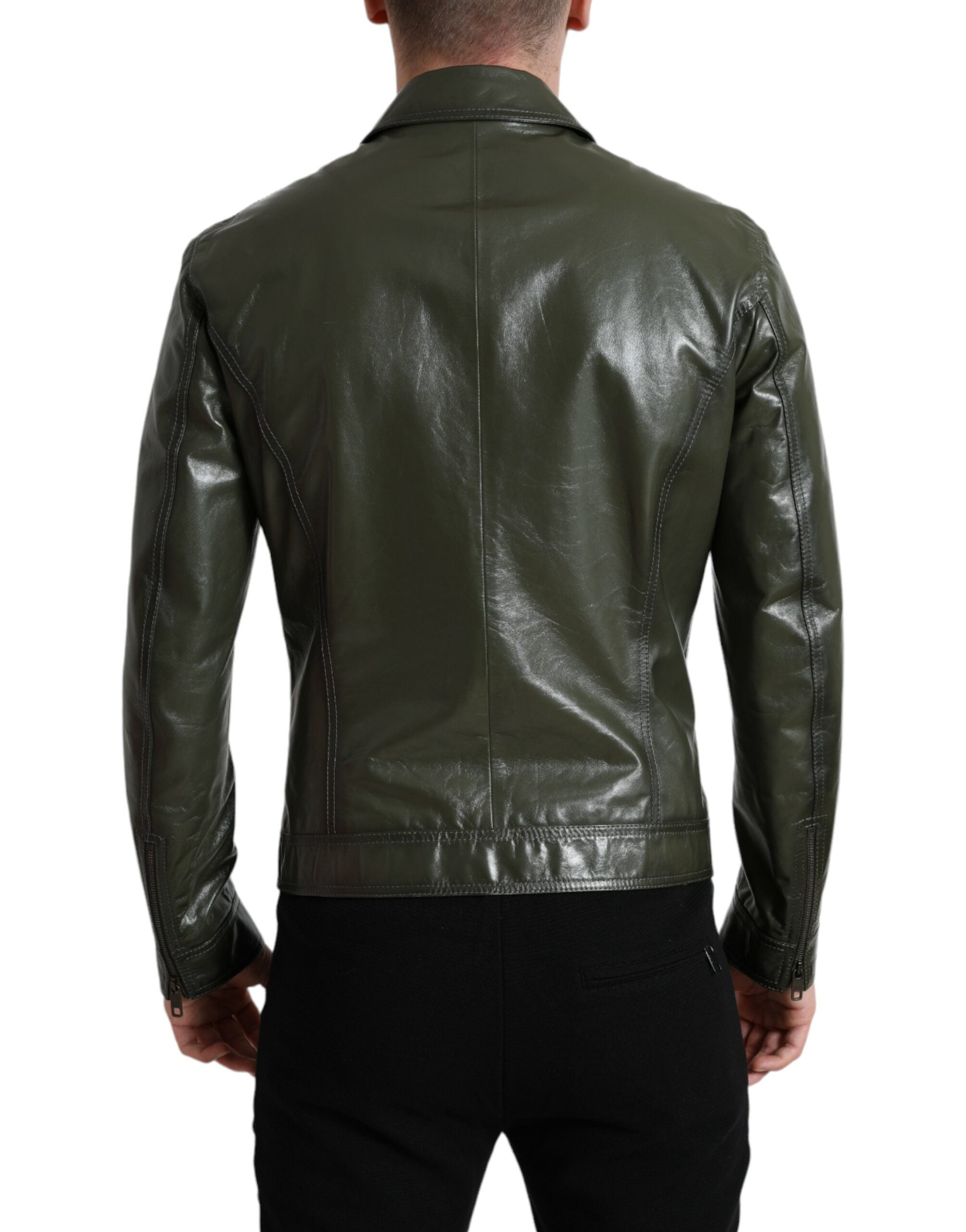 Dolce & Gabbana Green Leather Collared Biker Full Zip Jacket -   -  Dolce & Gabbana.