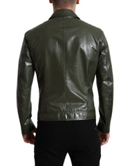 Dolce & Gabbana Green Leather Collared Biker Full Zip Jacket -   -  Dolce & Gabbana.