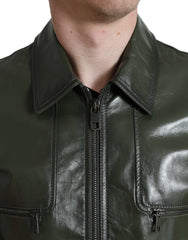 Dolce & Gabbana Green Leather Collared Biker Full Zip Jacket -   -  Dolce & Gabbana.