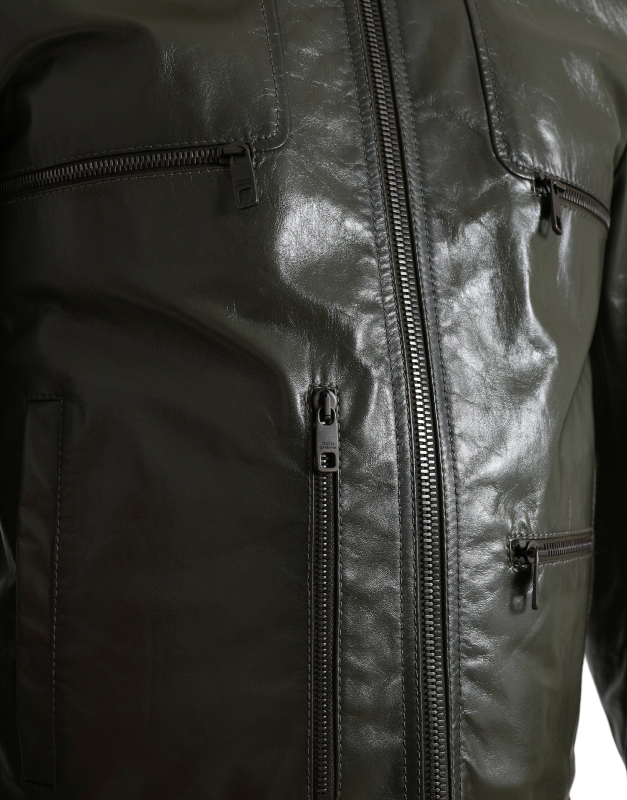 Dolce & Gabbana Green Leather Collared Biker Full Zip Jacket -   -  Dolce & Gabbana.