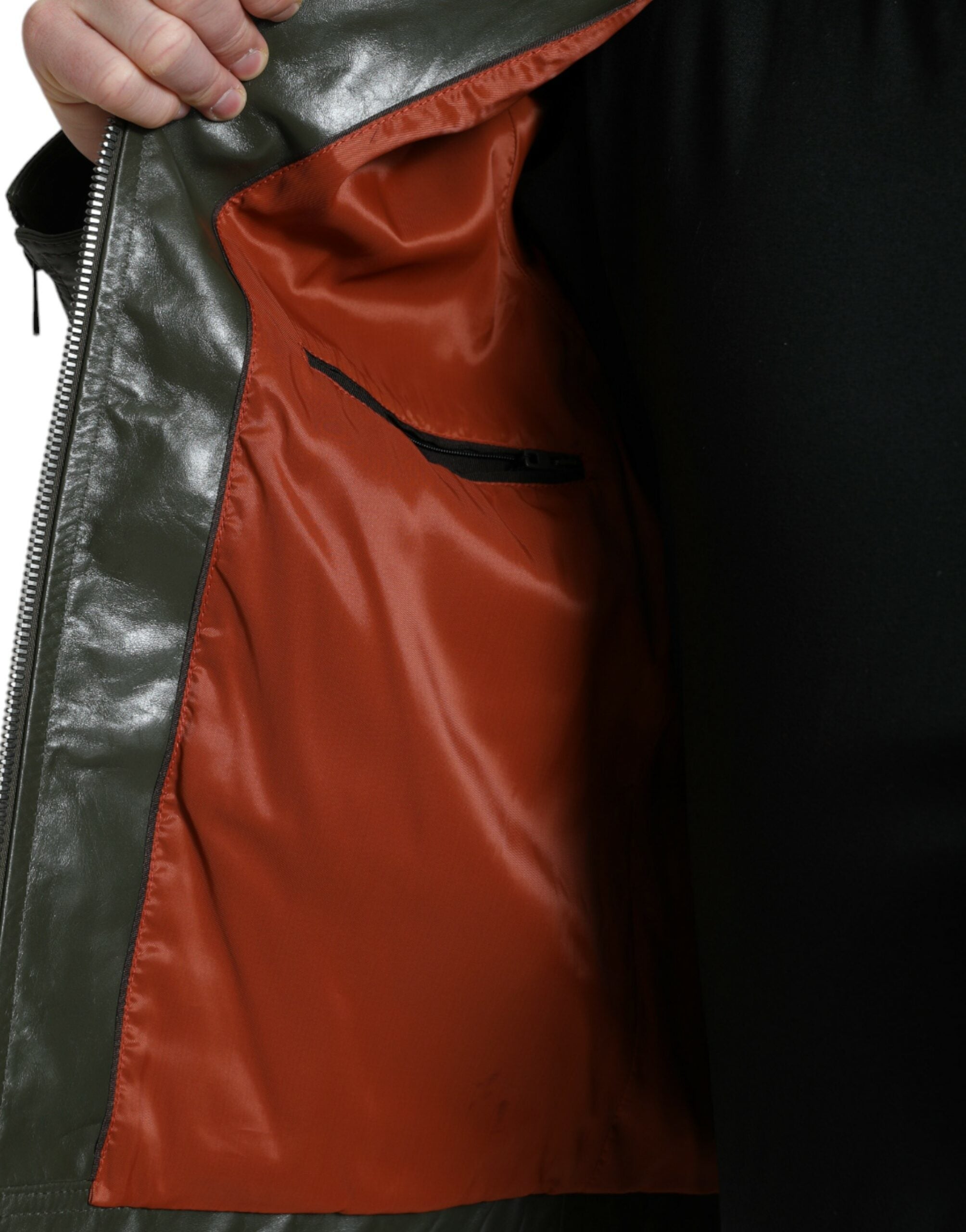 Dolce & Gabbana Green Leather Collared Biker Full Zip Jacket -   -  Dolce & Gabbana.