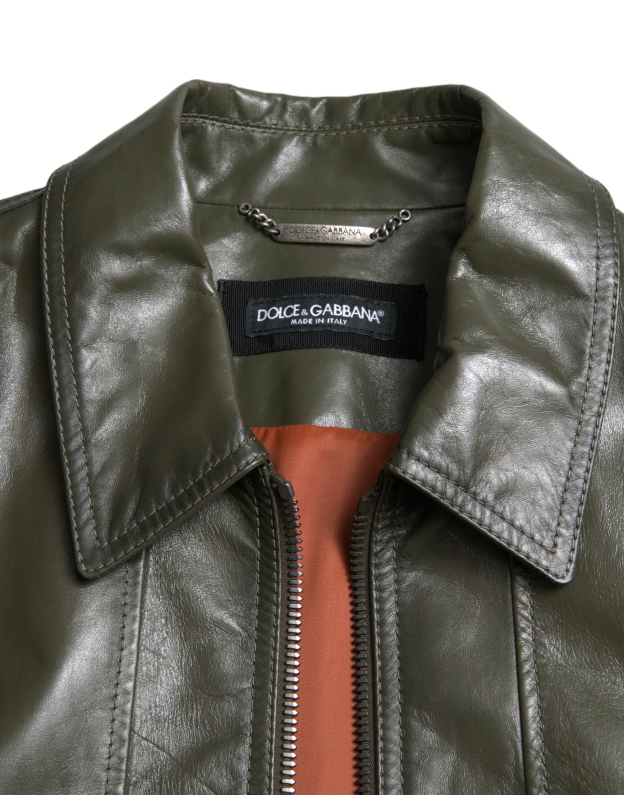 Dolce & Gabbana Green Leather Collared Biker Full Zip Jacket -   -  Dolce & Gabbana.