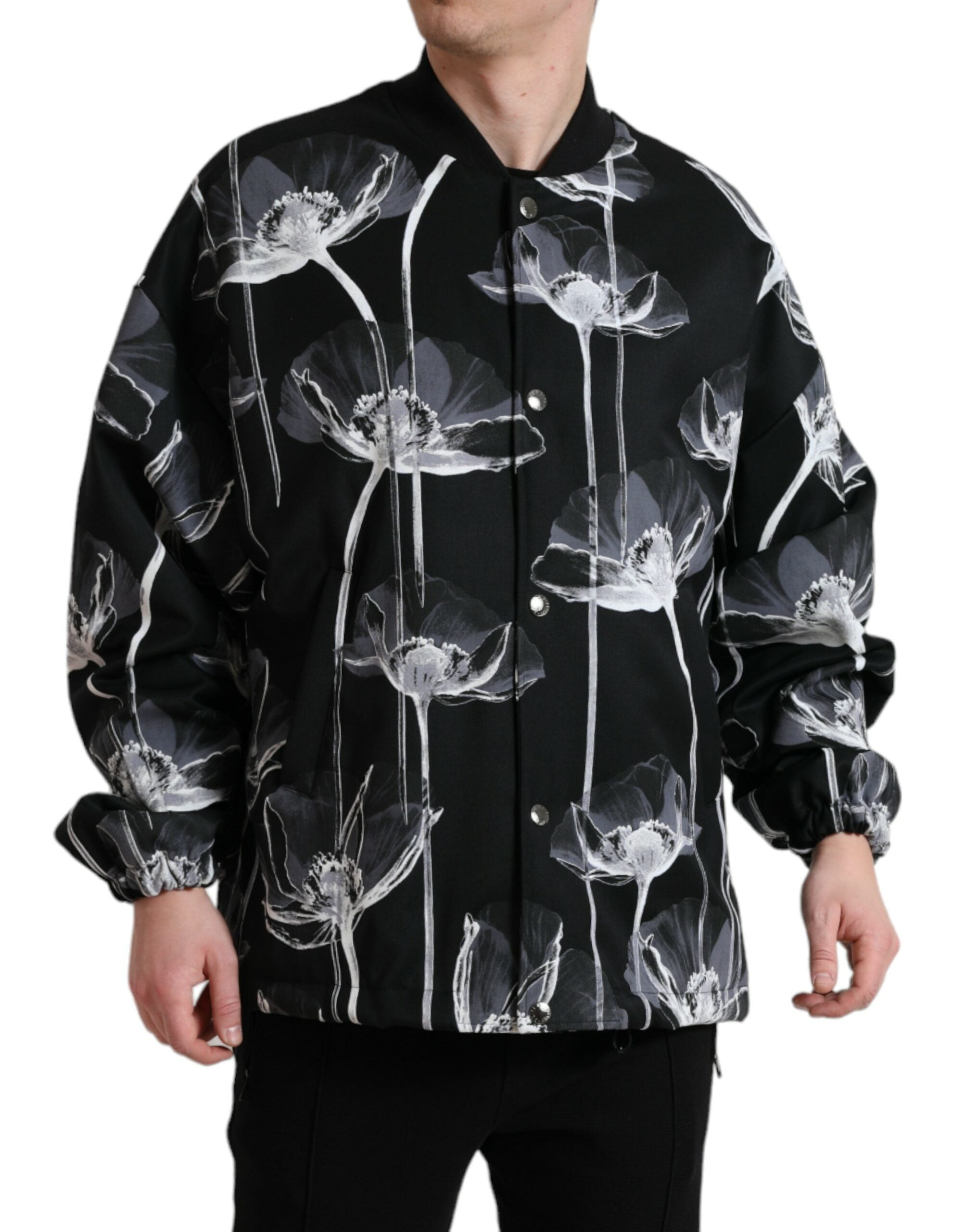 Dolce & Gabbana Black Floral Print Wool Button Down Bomber Jacket -   -  Dolce & Gabbana.