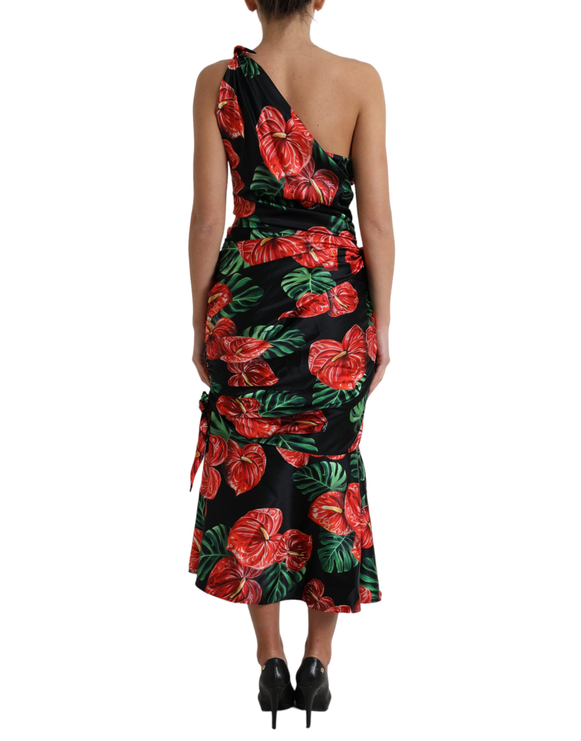 Dolce & Gabbana Black Shiny Silk Floral Print Draped Dress -   -  Dolce & Gabbana.