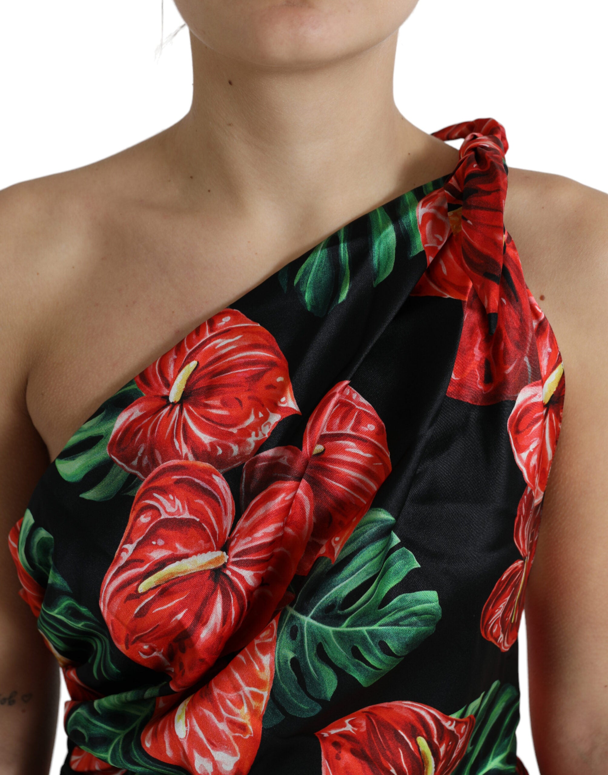 Dolce & Gabbana Black Shiny Silk Floral Print Draped Dress -   -  Dolce & Gabbana.
