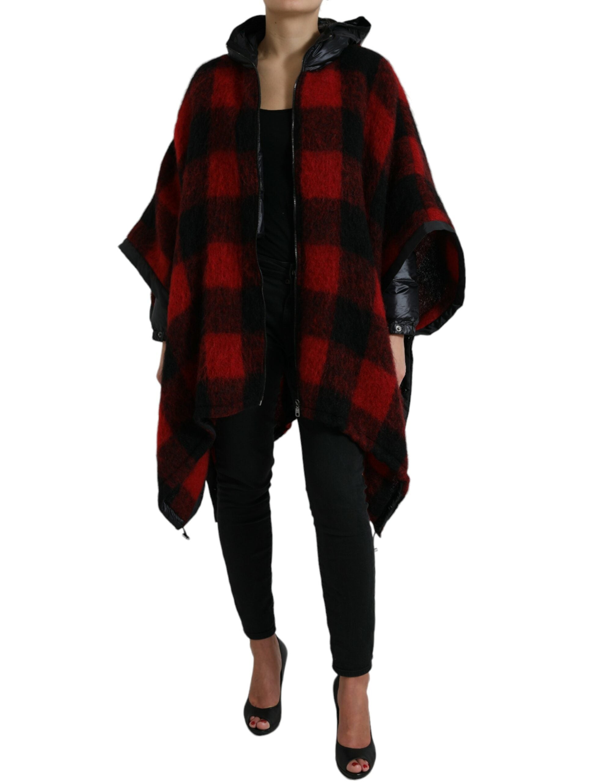 Dolce & Gabbana Black Red Buffalo Check Hooded Poncho Jacket -   -  Dolce & Gabbana.