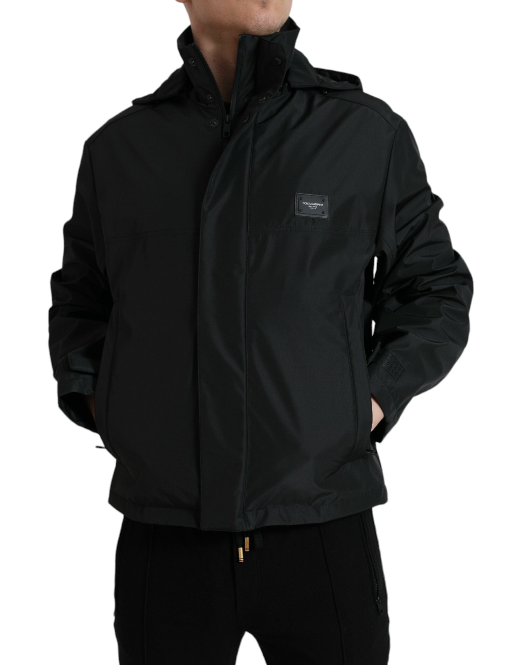 Dolce & Gabbana Black Polyester Logo Plaque Hooded Jacket -   -  Dolce & Gabbana.
