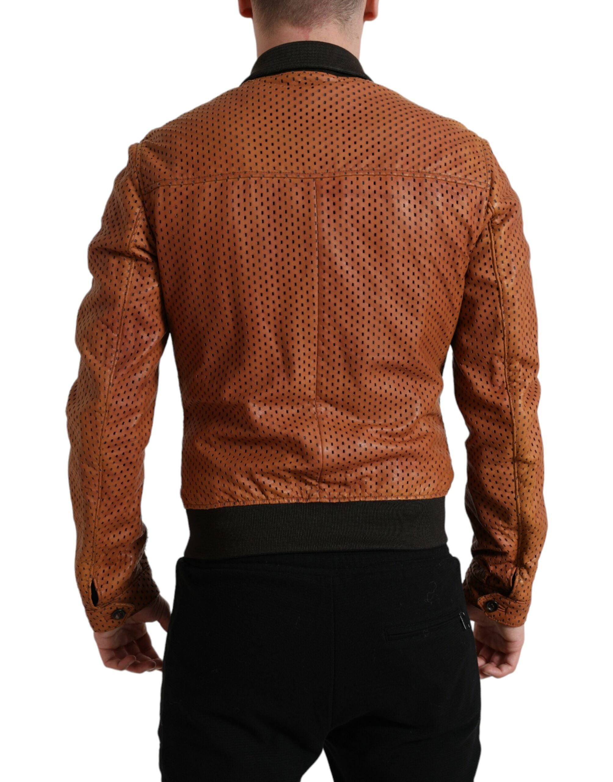 Dolce & Gabbana Brown Lambskin Leather Perforated Jacket -   -  Dolce & Gabbana.