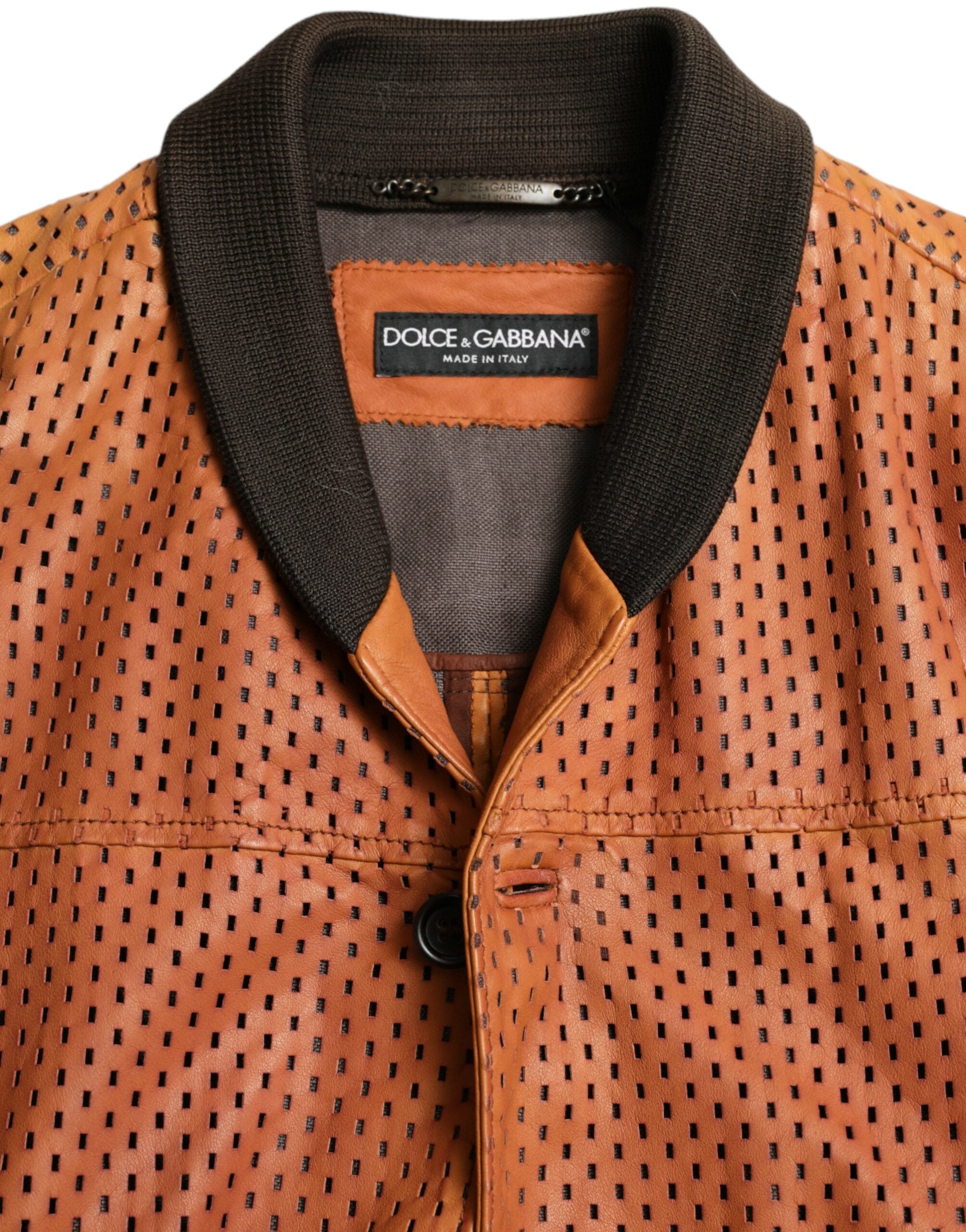 Dolce & Gabbana Brown Lambskin Leather Perforated Jacket -   -  Dolce & Gabbana.