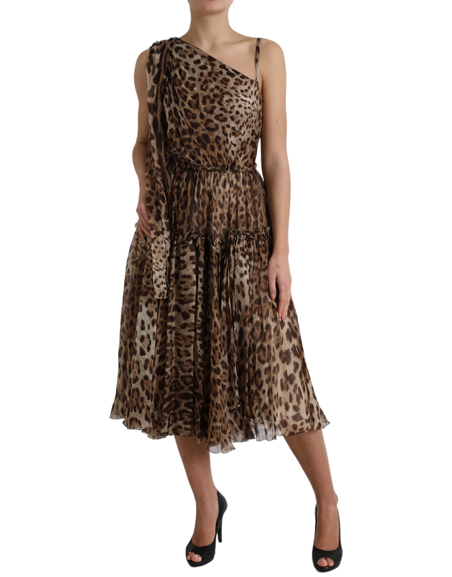 Dolce & Gabbana Brown Leopard Print Silk Ruffled Midi Dress -   -  Dolce & Gabbana.