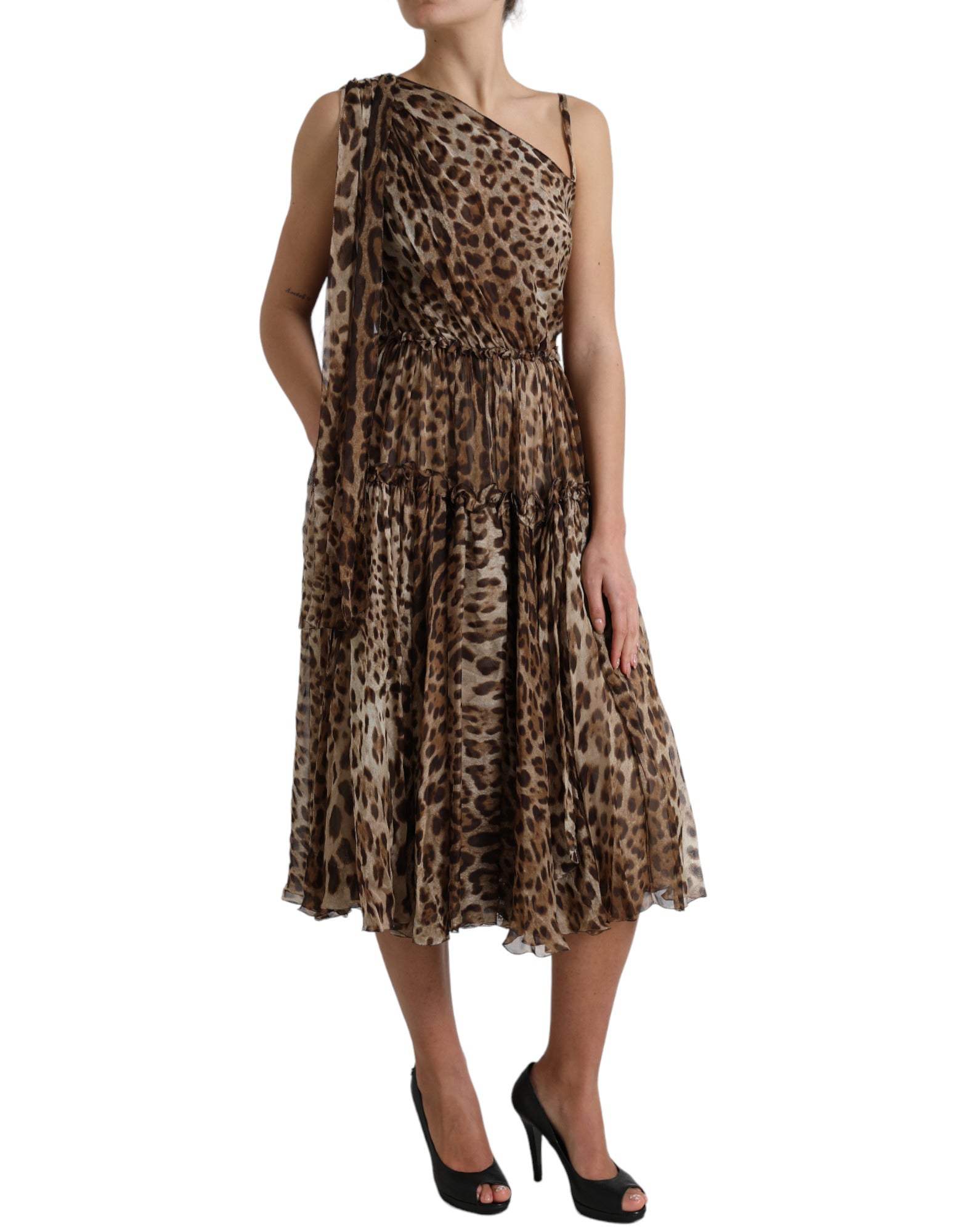 Dolce & Gabbana Brown Leopard Print Silk Ruffled Midi Dress -   -  Dolce & Gabbana.