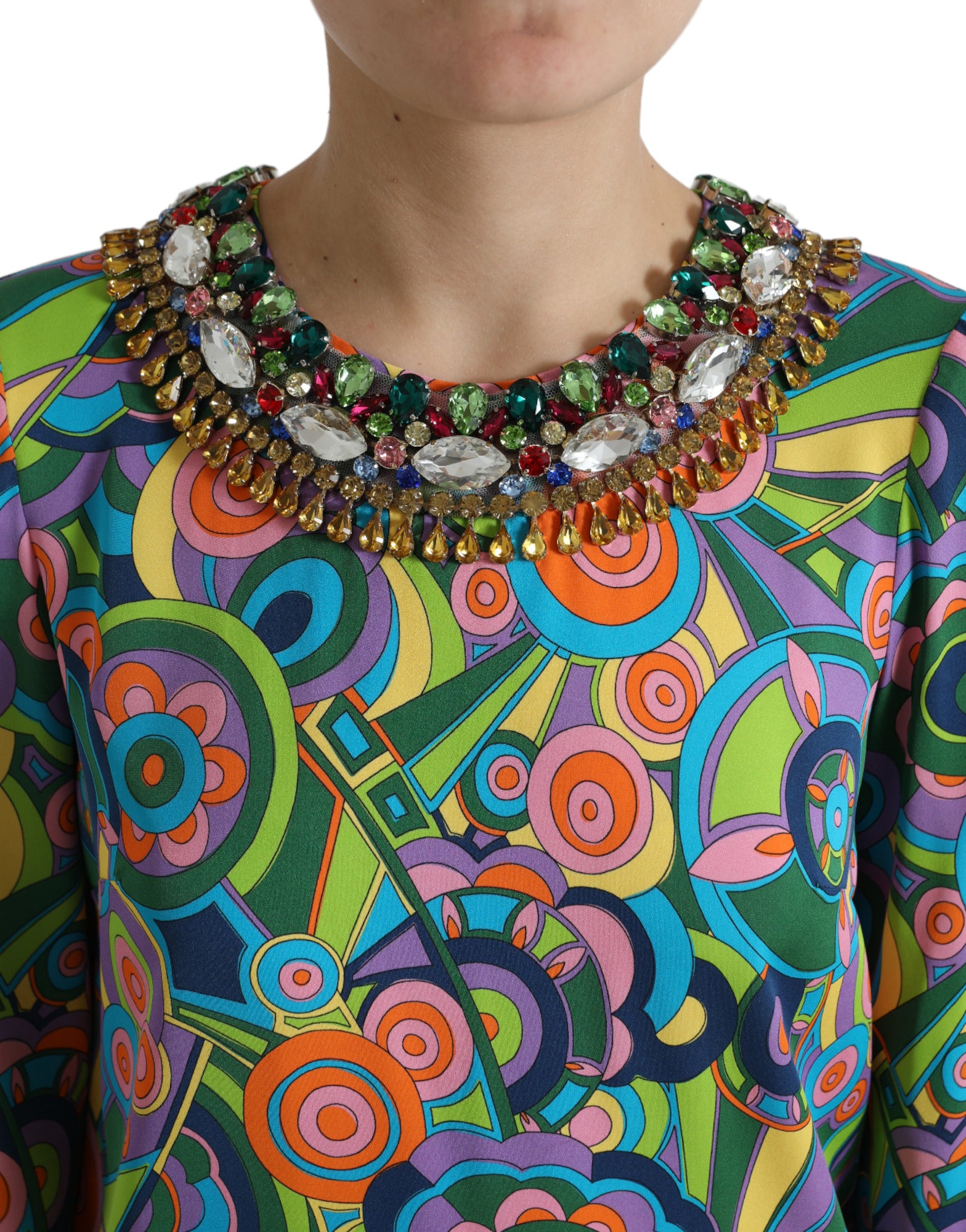 Dolce & Gabbana Multicolor Geometric Print Silk Crystals Midi Dress -   -  Dolce & Gabbana.