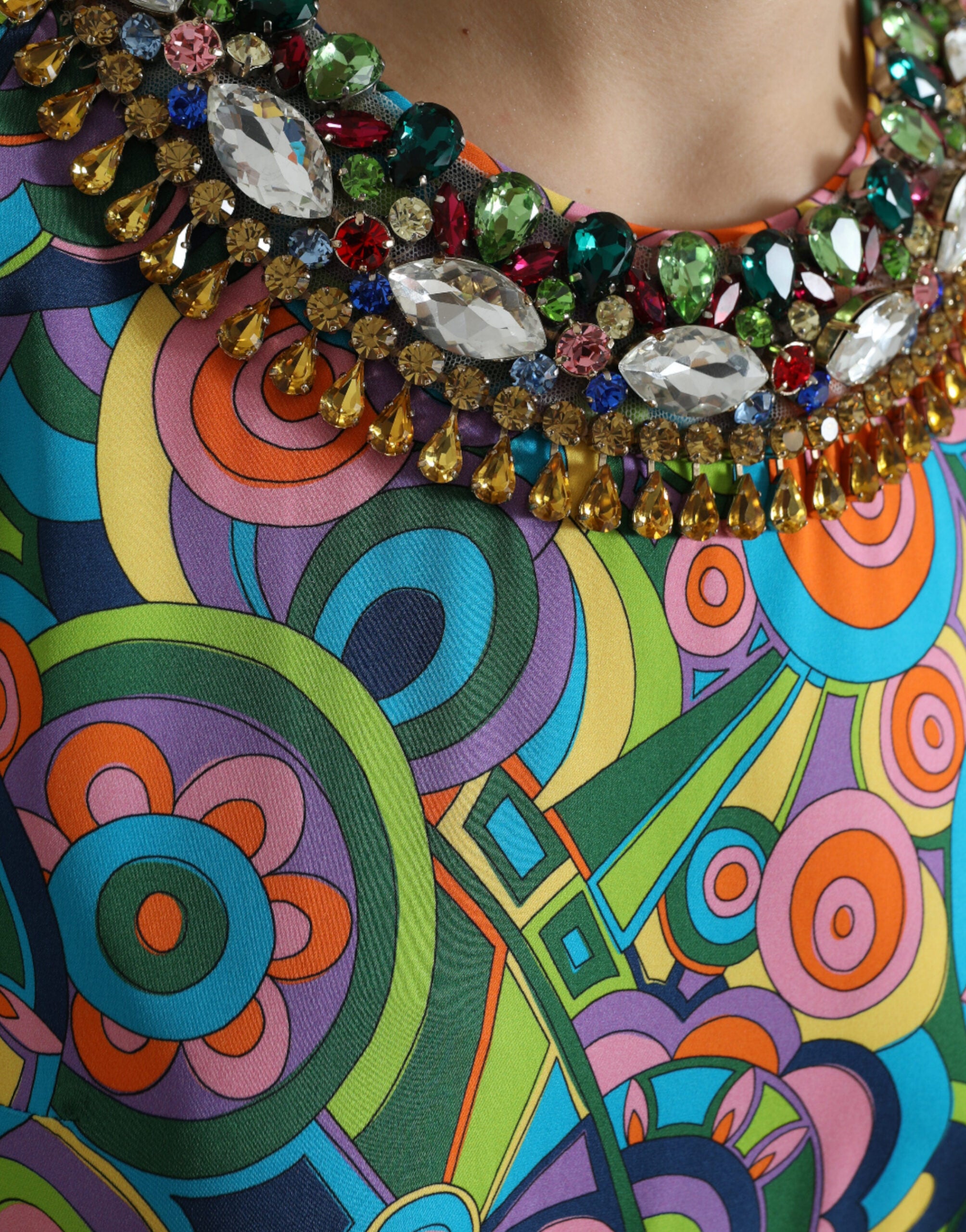 Dolce & Gabbana Multicolor Geometric Print Silk Crystals Midi Dress -   -  Dolce & Gabbana.
