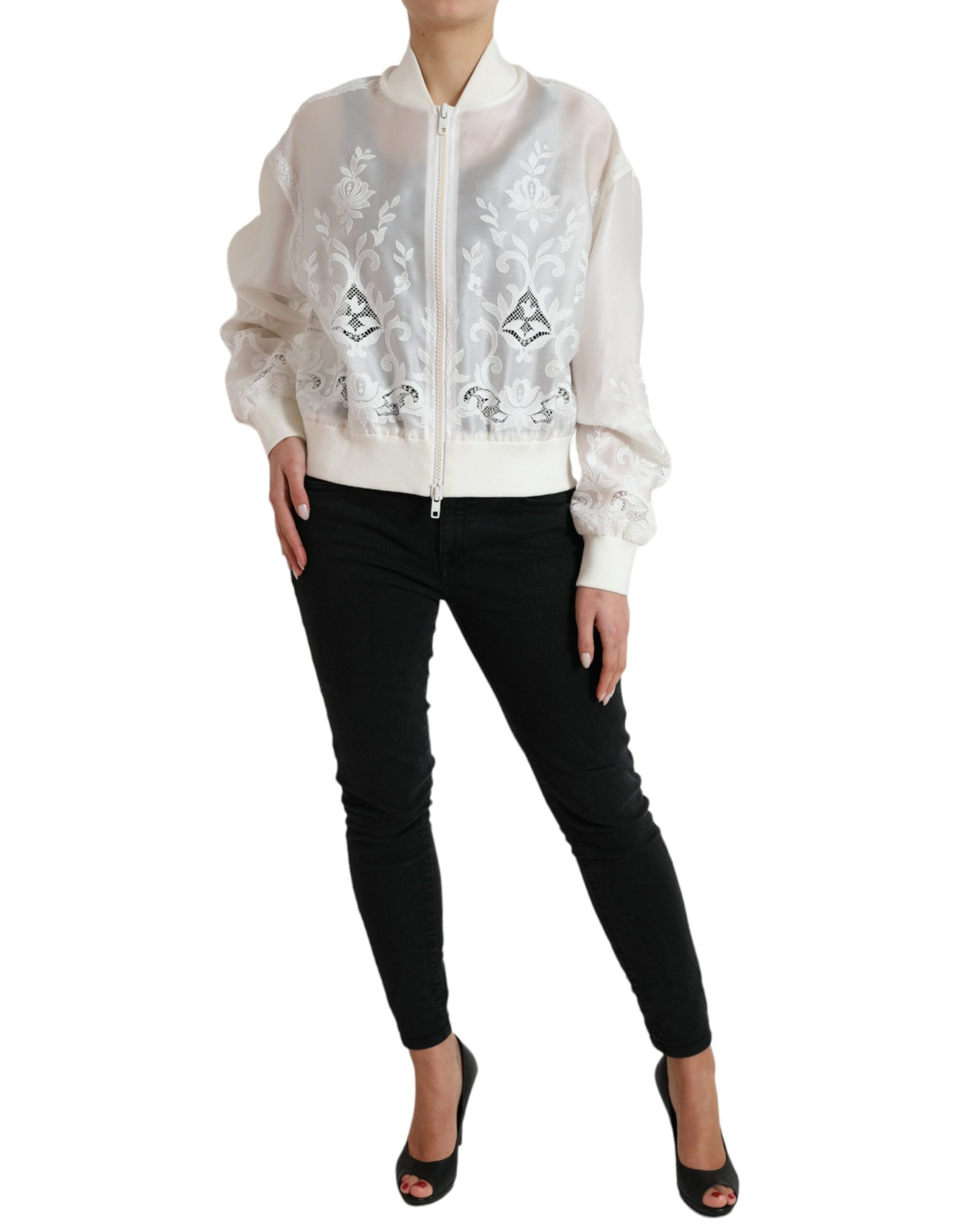 Dolce & Gabbana White Floral Lace Silk Full Zip Bomber Jacket -   -  Dolce & Gabbana.