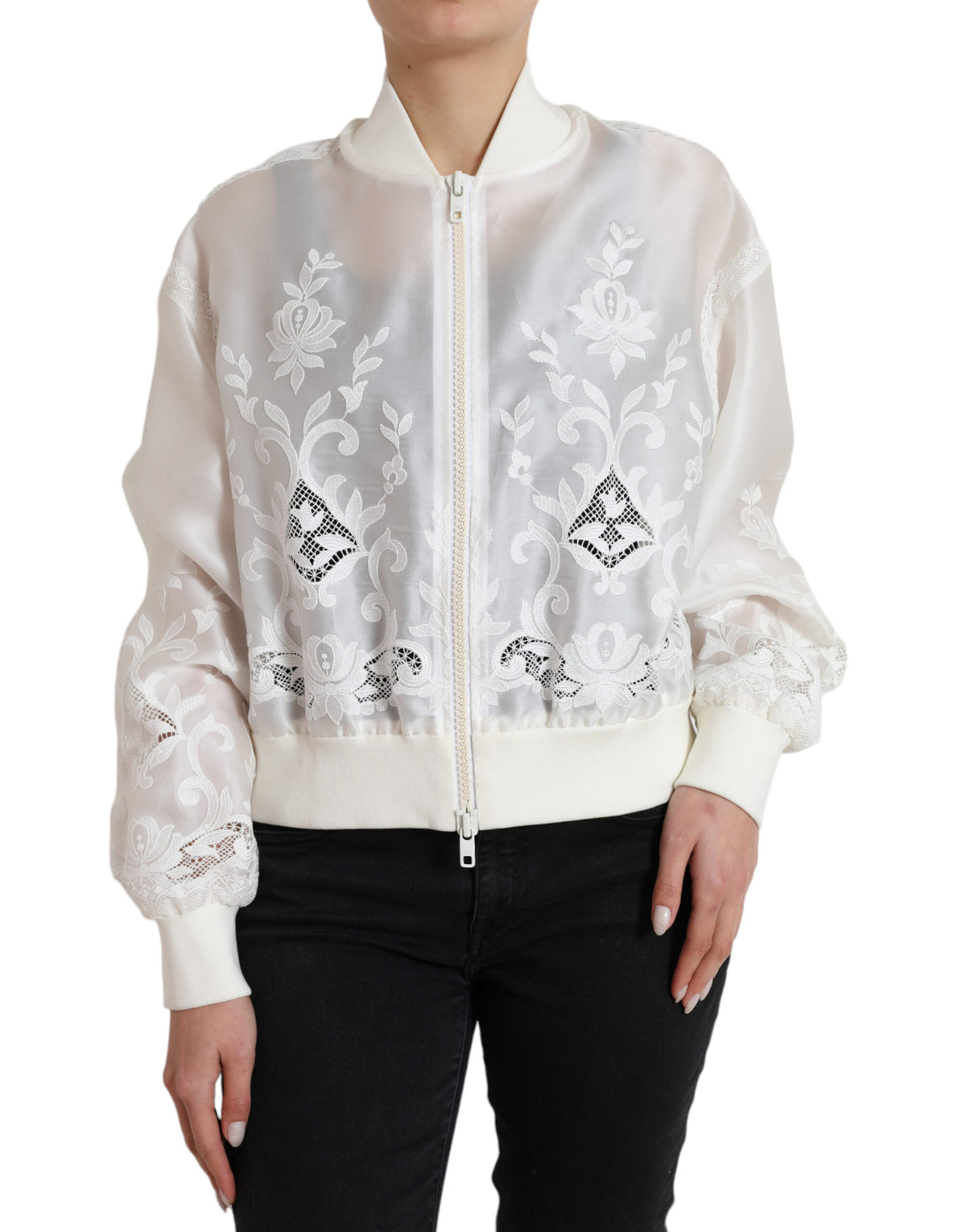 Dolce & Gabbana White Floral Lace Silk Full Zip Bomber Jacket -   -  Dolce & Gabbana.