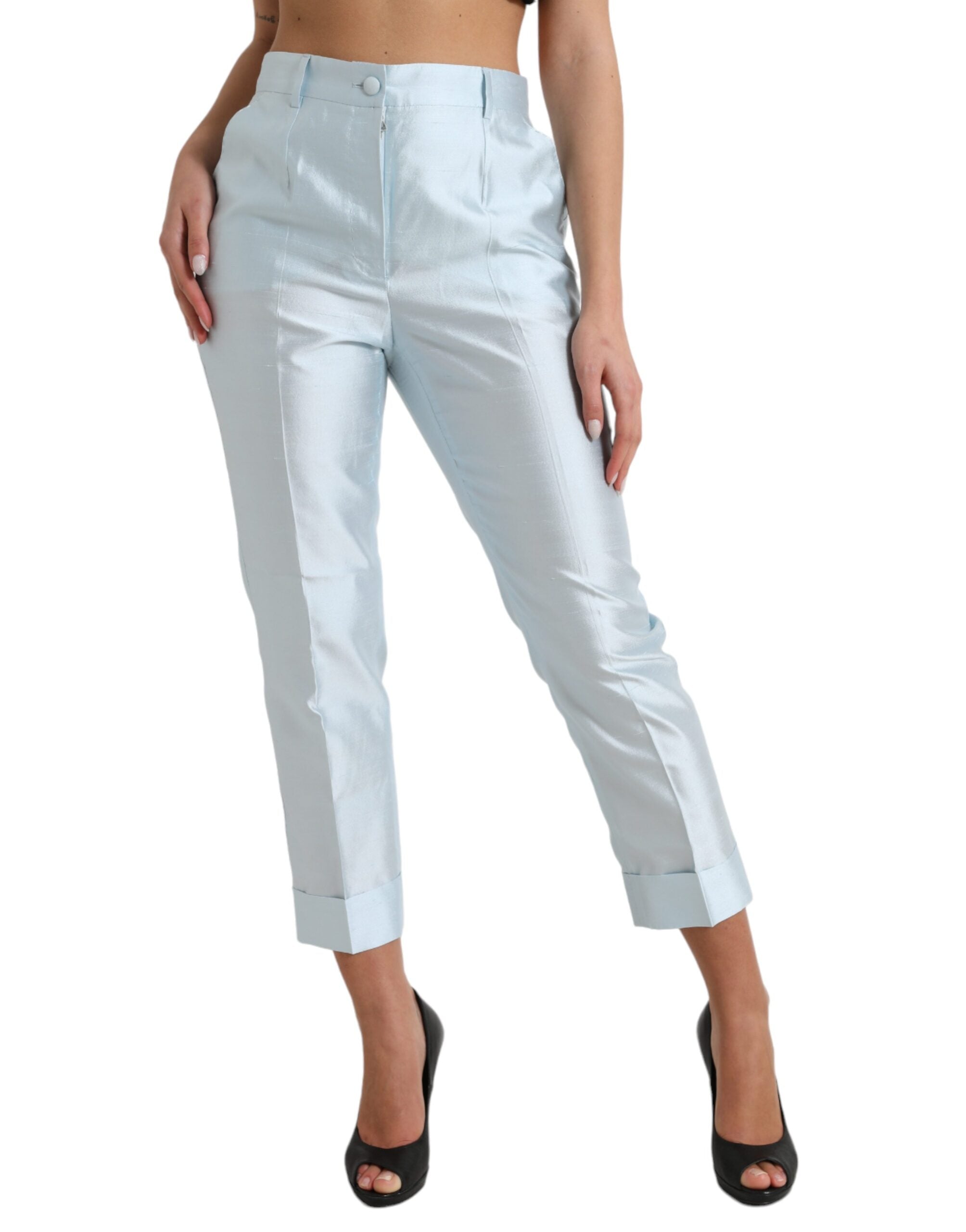 Dolce & Gabbana Sky Blue Silk High Waist Folded Hem Pants -   -  Dolce & Gabbana.