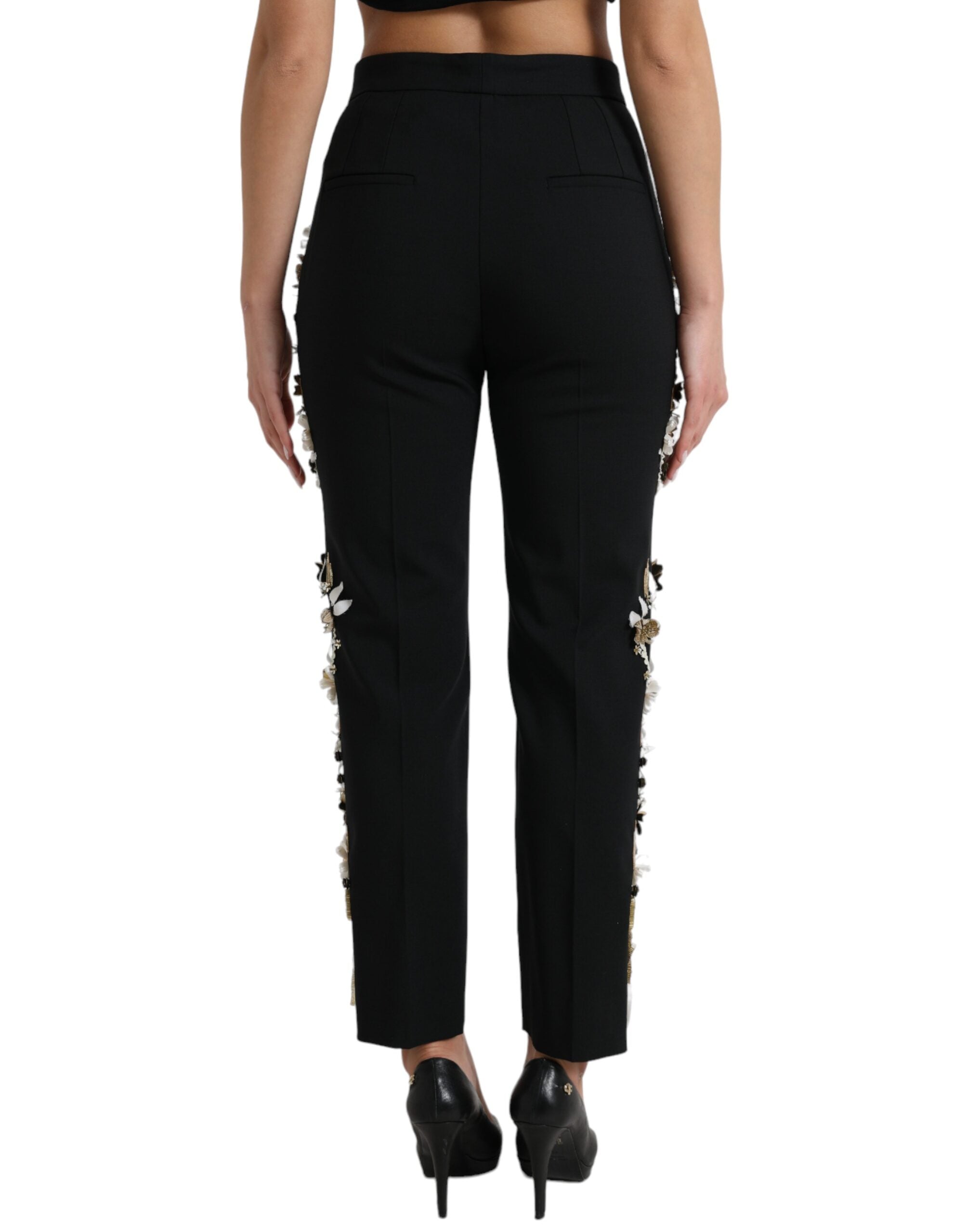 Dolce & Gabbana Black Floral Applique High Waist Tapered Pants -   -  Dolce & Gabbana.