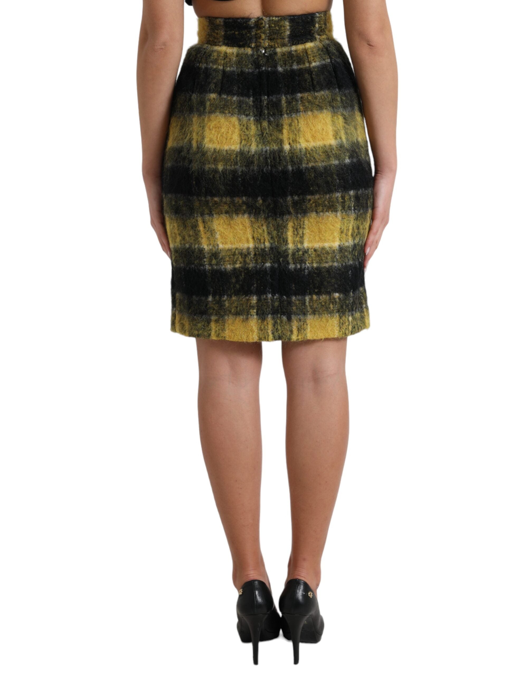 Dolce & Gabbana Yellow Black Brushed Checked Wool Pencil Cut Skirt -   -  Dolce & Gabbana.