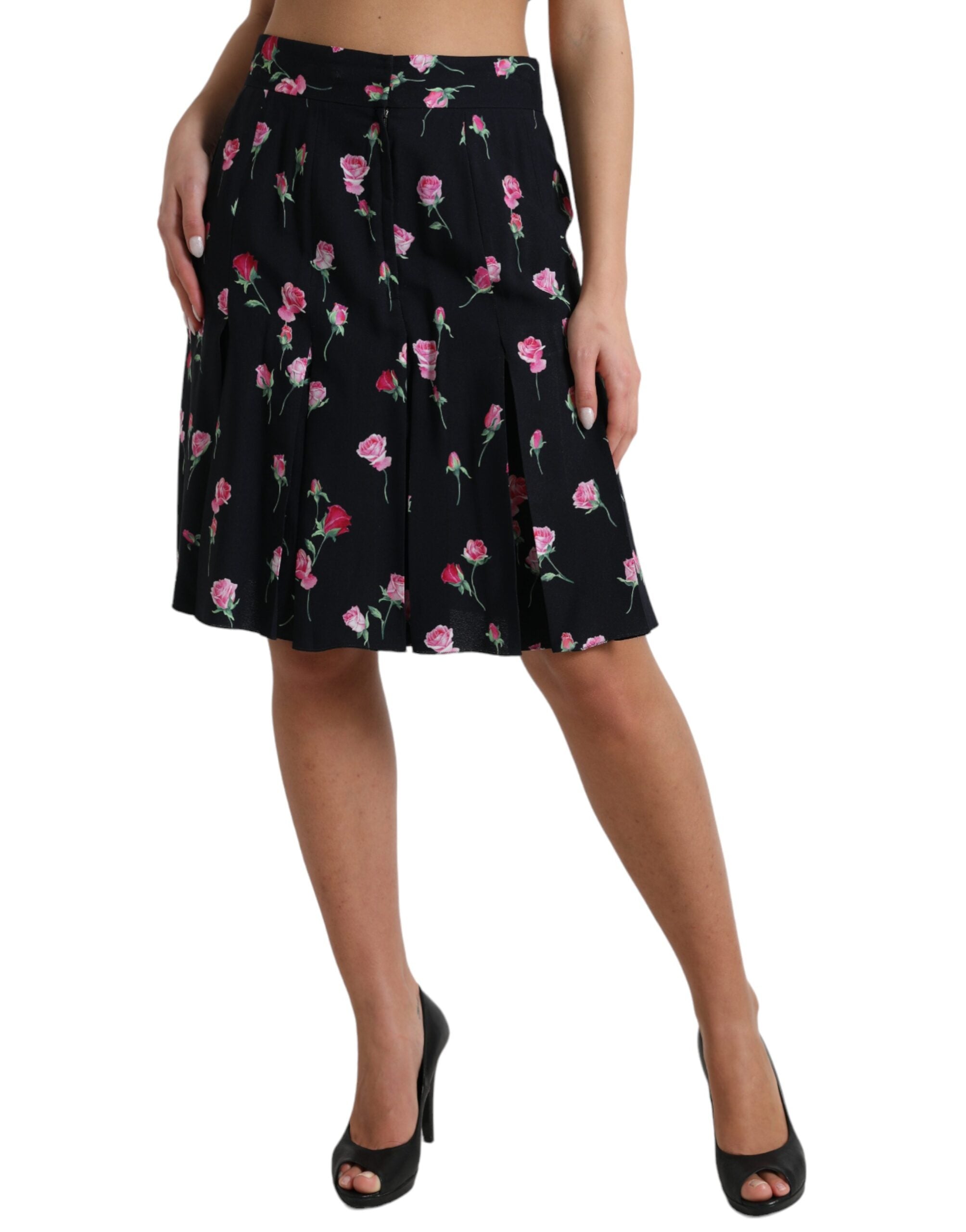 Dolce & Gabbana Black Rose High Waist A-line Knee Length Skirt -   -  Dolce & Gabbana.