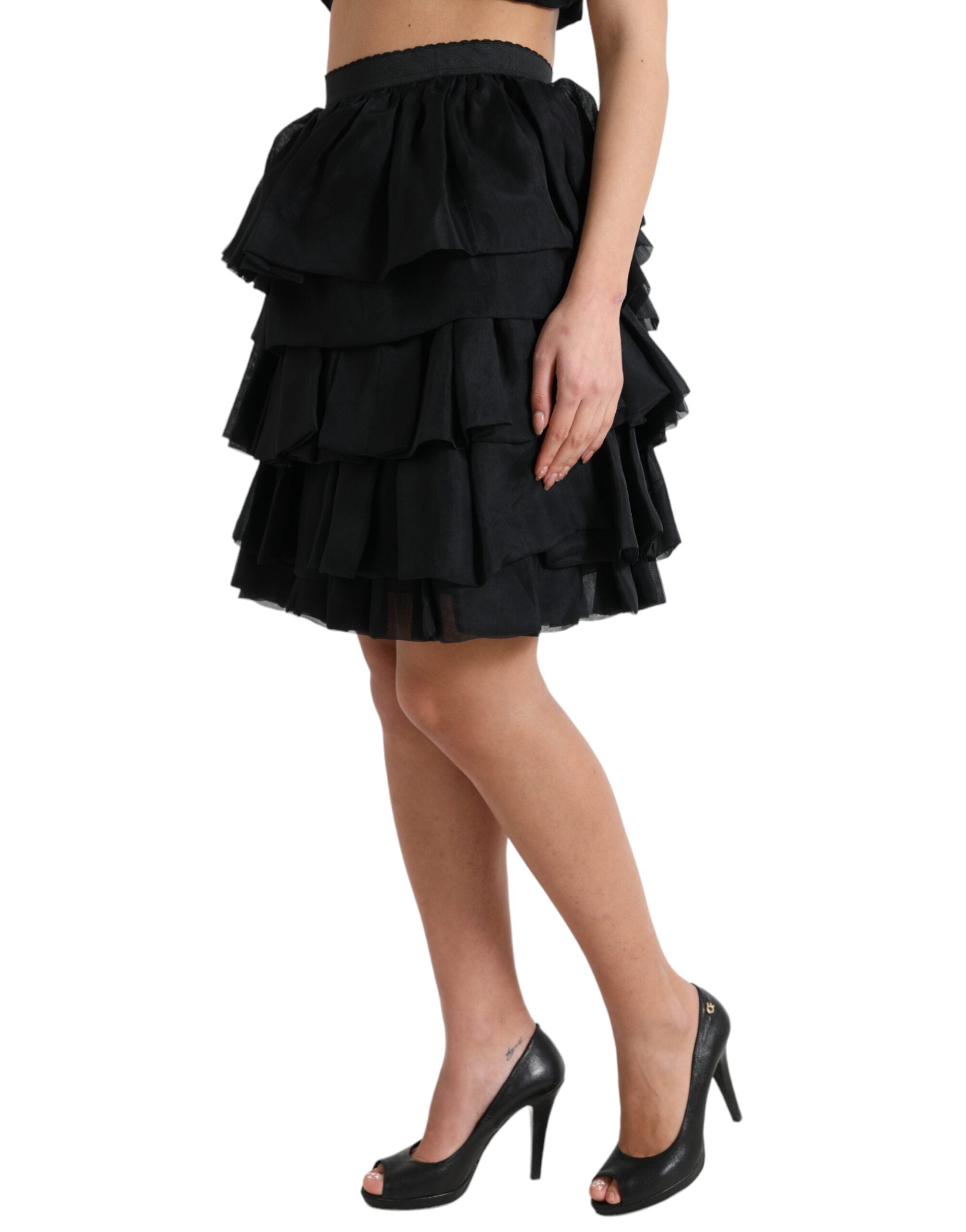 Dolce & Gabbana Black Tiered Aline High Waist Silk Mini Skirt -   -  Dolce & Gabbana.