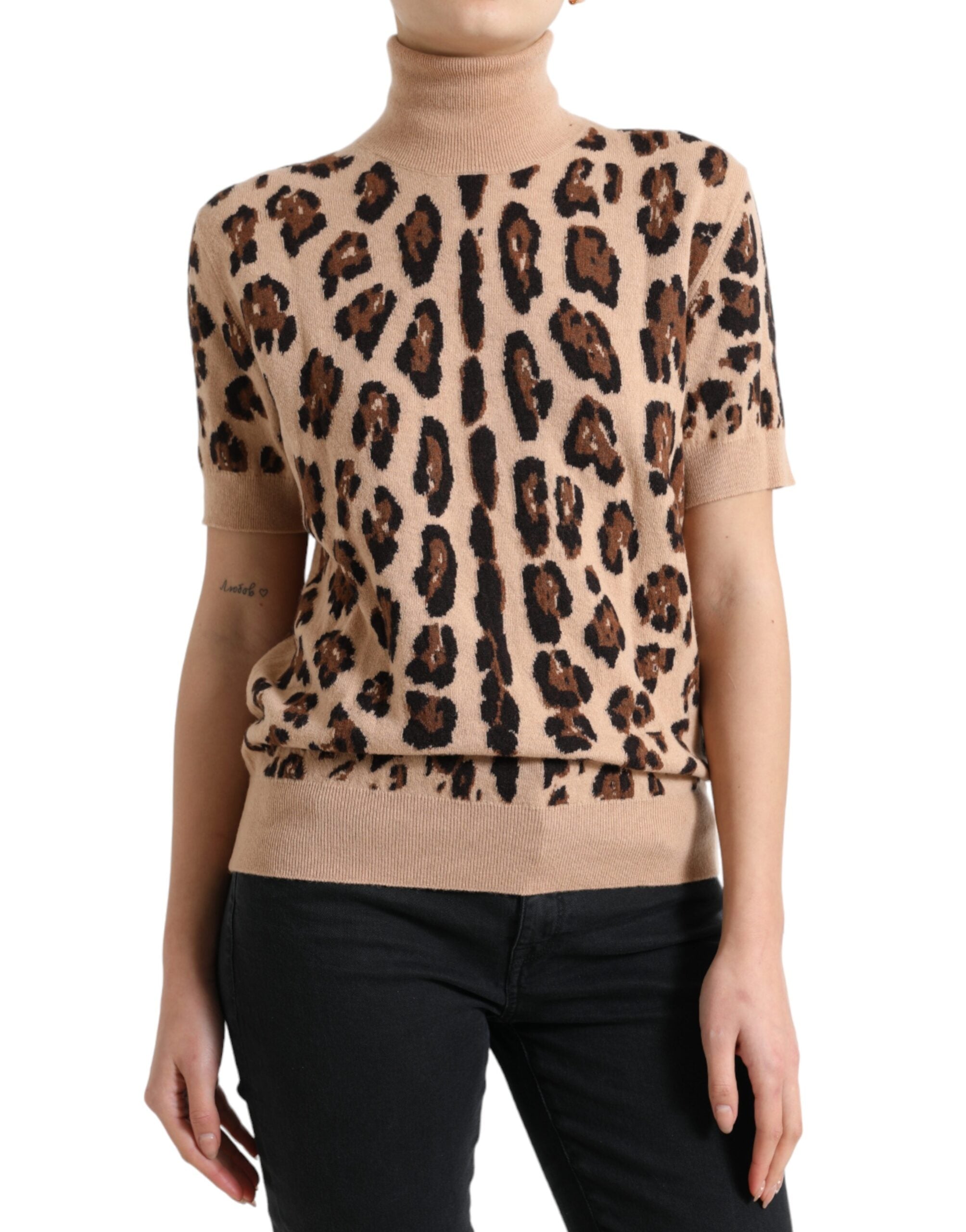 Dolce & Gabbana Beige Leopard Print Wool Turtleneck Top -   -  Dolce & Gabbana.