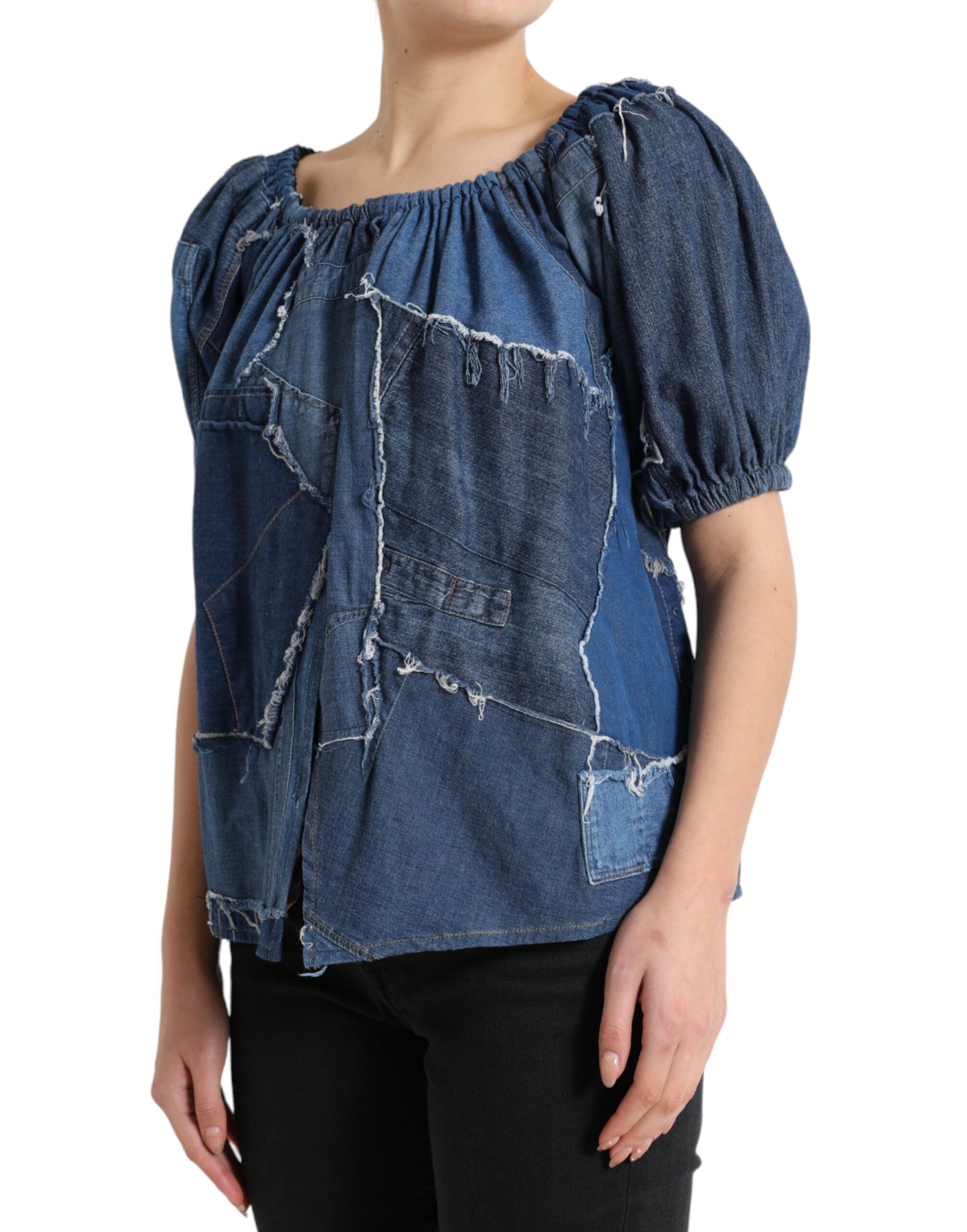 Dolce & Gabbana Blue Patchwork Short Sleeves Denim Blouse Top -   -  Dolce & Gabbana.