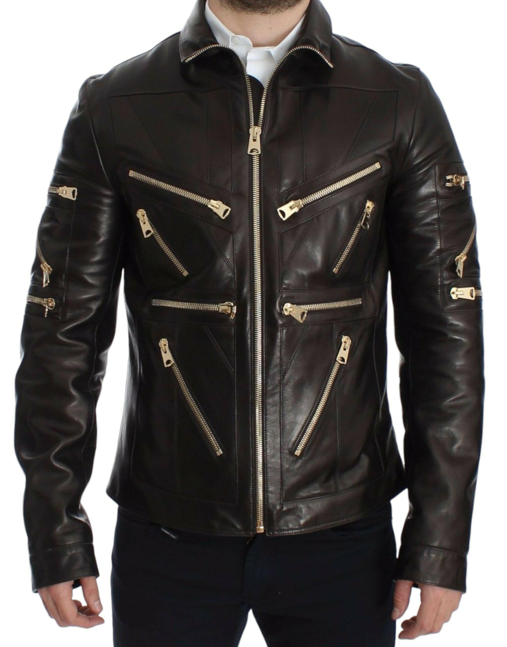 Dolce & Gabbana Brown Lambskin Leather Zipper Jacket -   -  Dolce & Gabbana.