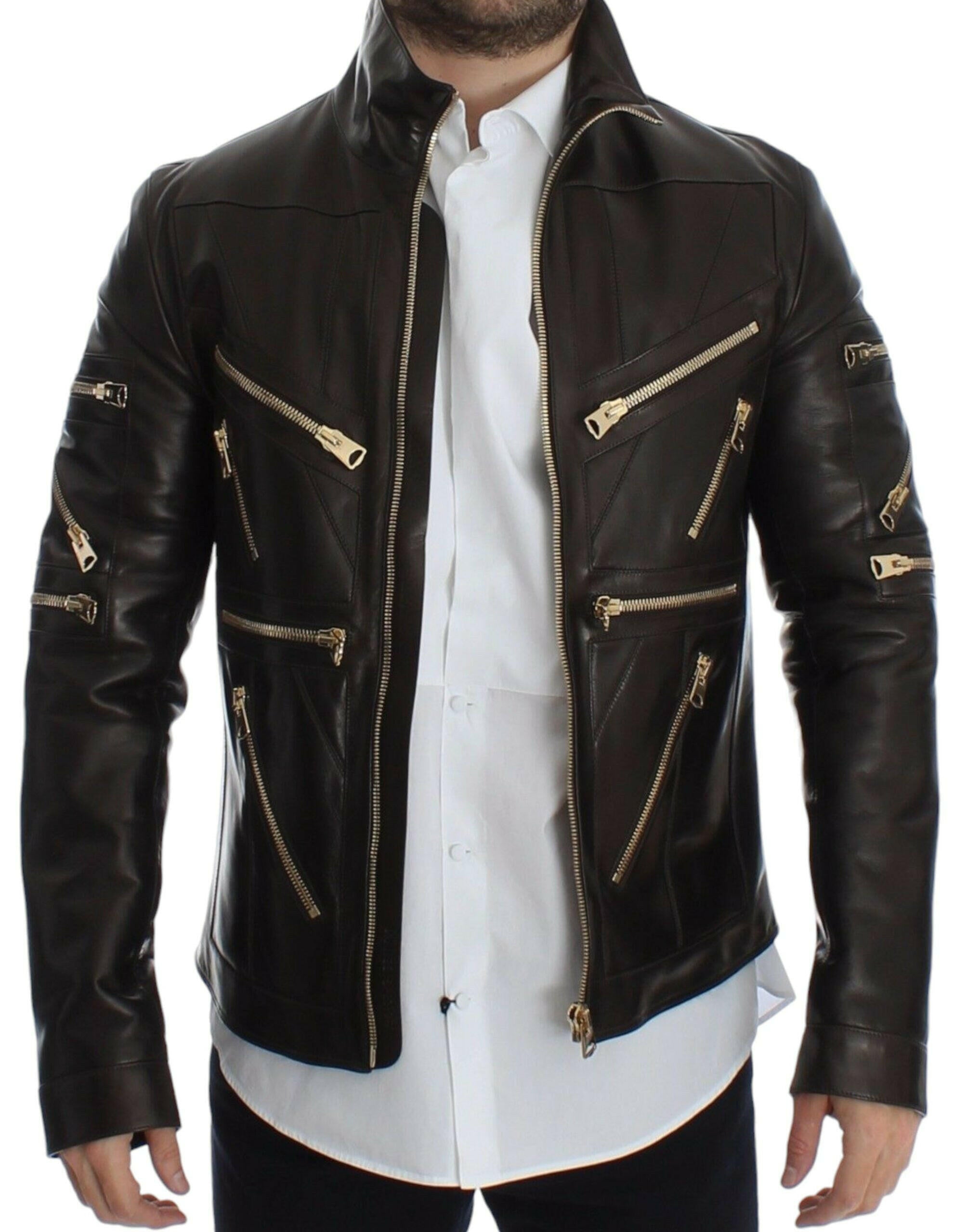 Dolce & Gabbana Brown Lambskin Leather Zipper Jacket -   -  Dolce & Gabbana.