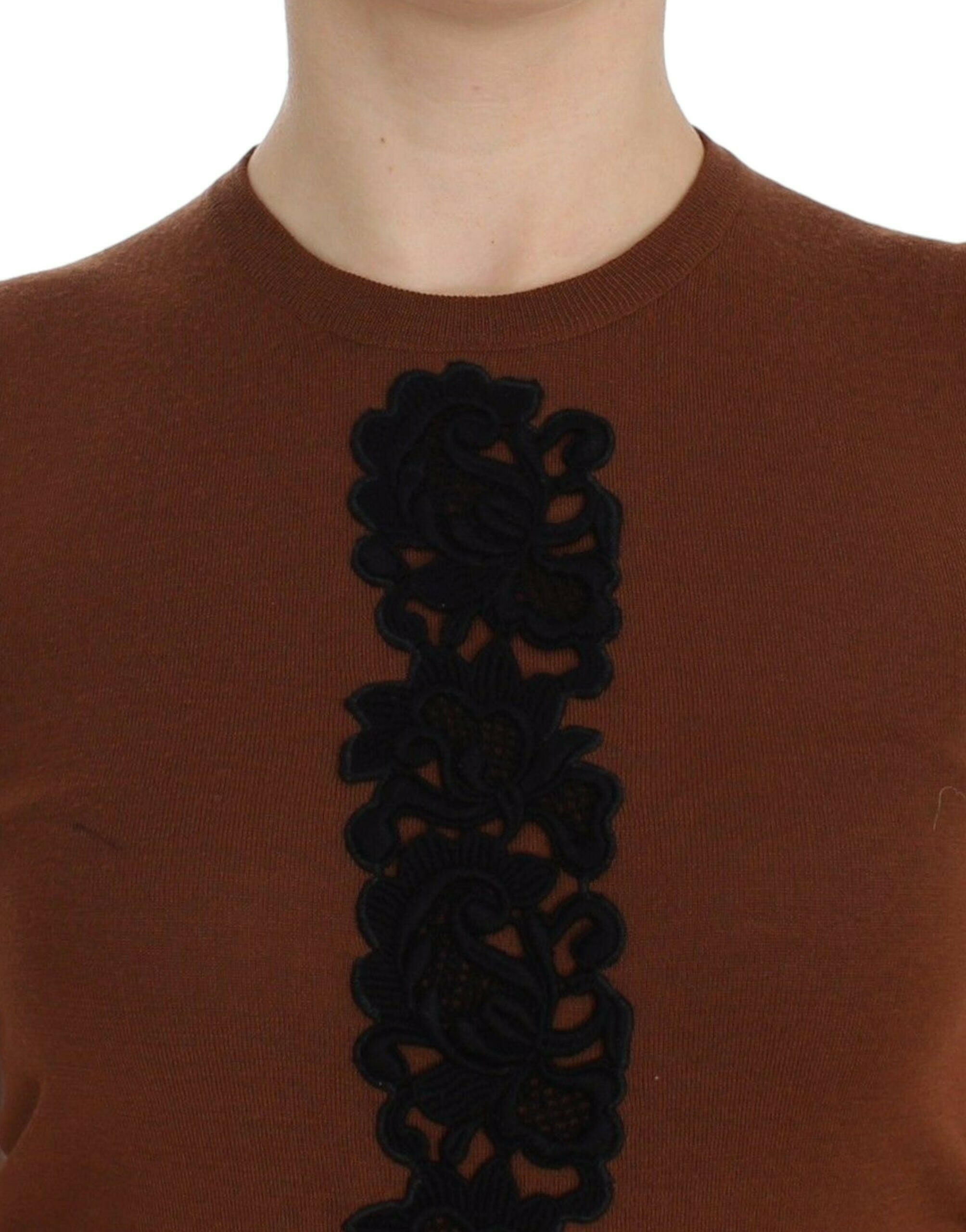 Dolce & Gabbana Brown Wool Black Lace Vest Sweater Top -   -  Dolce & Gabbana.