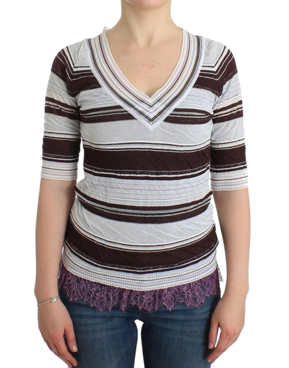 Ermanno Scervino Striped Lace V-Neck Short Sleeve Top Sweater -   -  Ermanno Scervino.
