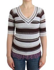 Ermanno Scervino Striped Lace V-Neck Short Sleeve Top Sweater -   -  Ermanno Scervino.