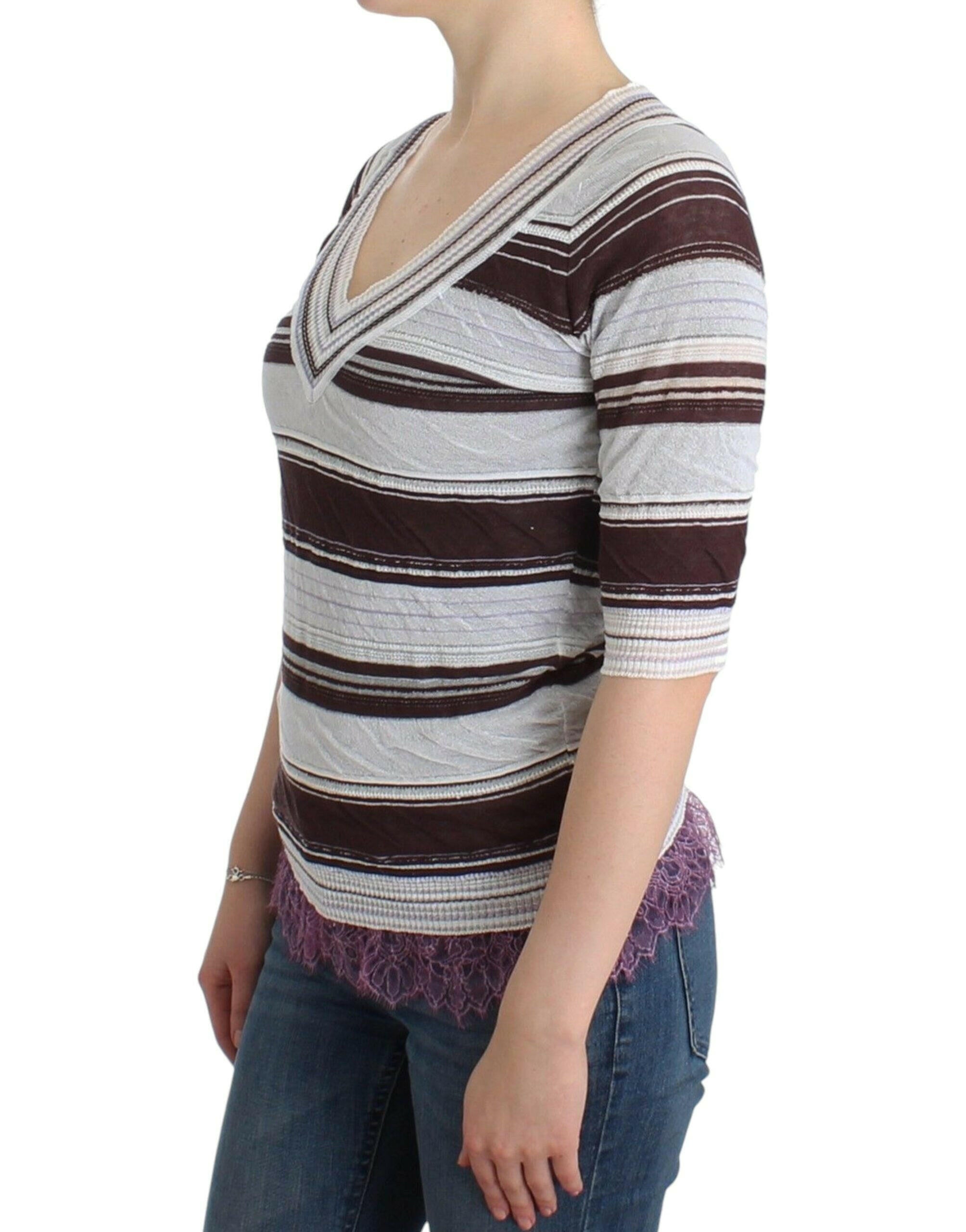 Ermanno Scervino Striped Lace V-Neck Short Sleeve Top Sweater -   -  Ermanno Scervino.