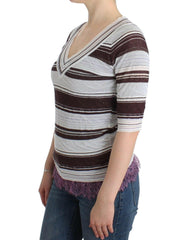 Ermanno Scervino Striped Lace V-Neck Short Sleeve Top Sweater -   -  Ermanno Scervino.