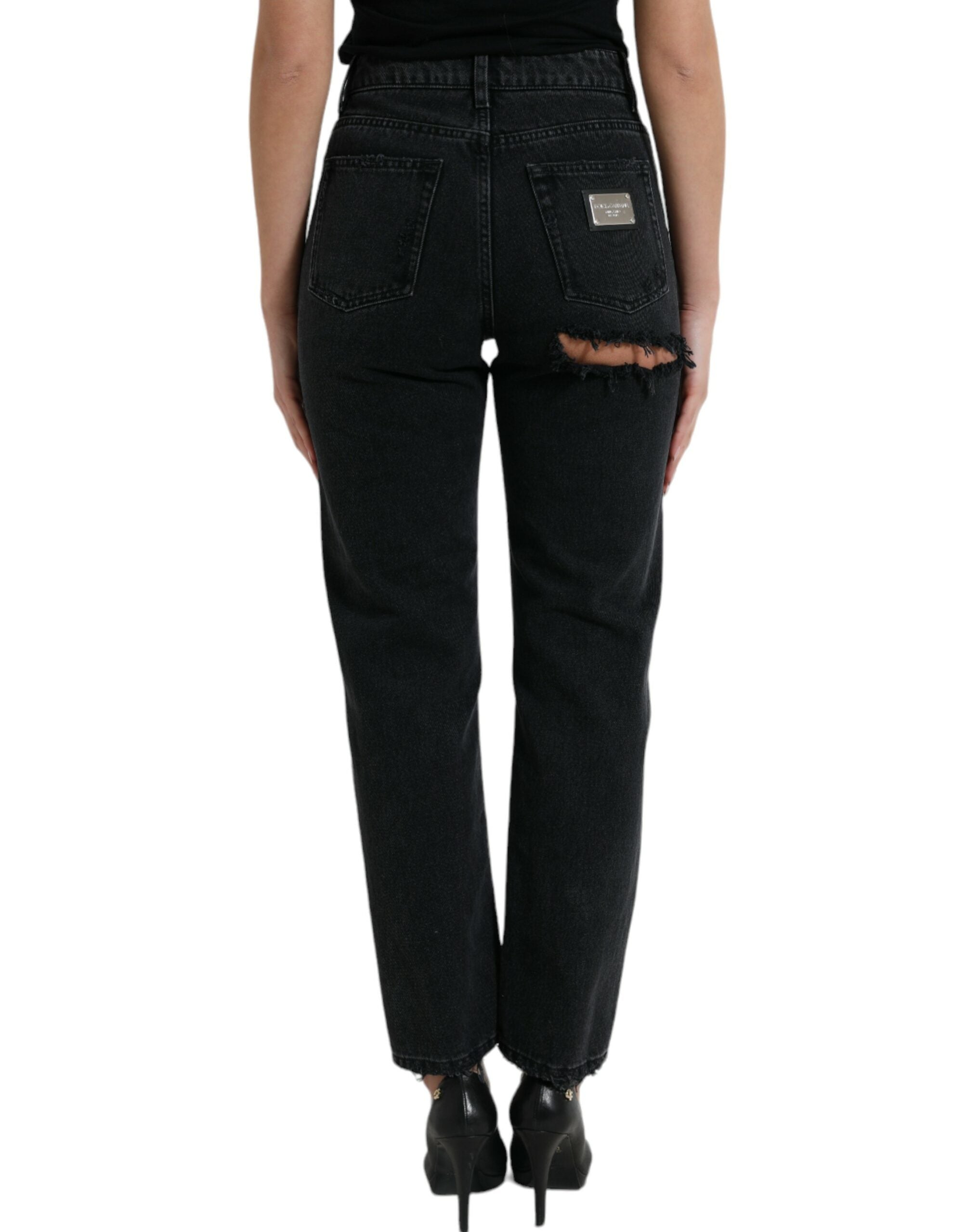 Dolce & Gabbana Black Cotton High Waist Tattered Denim Jeans -   -  Dolce & Gabbana.