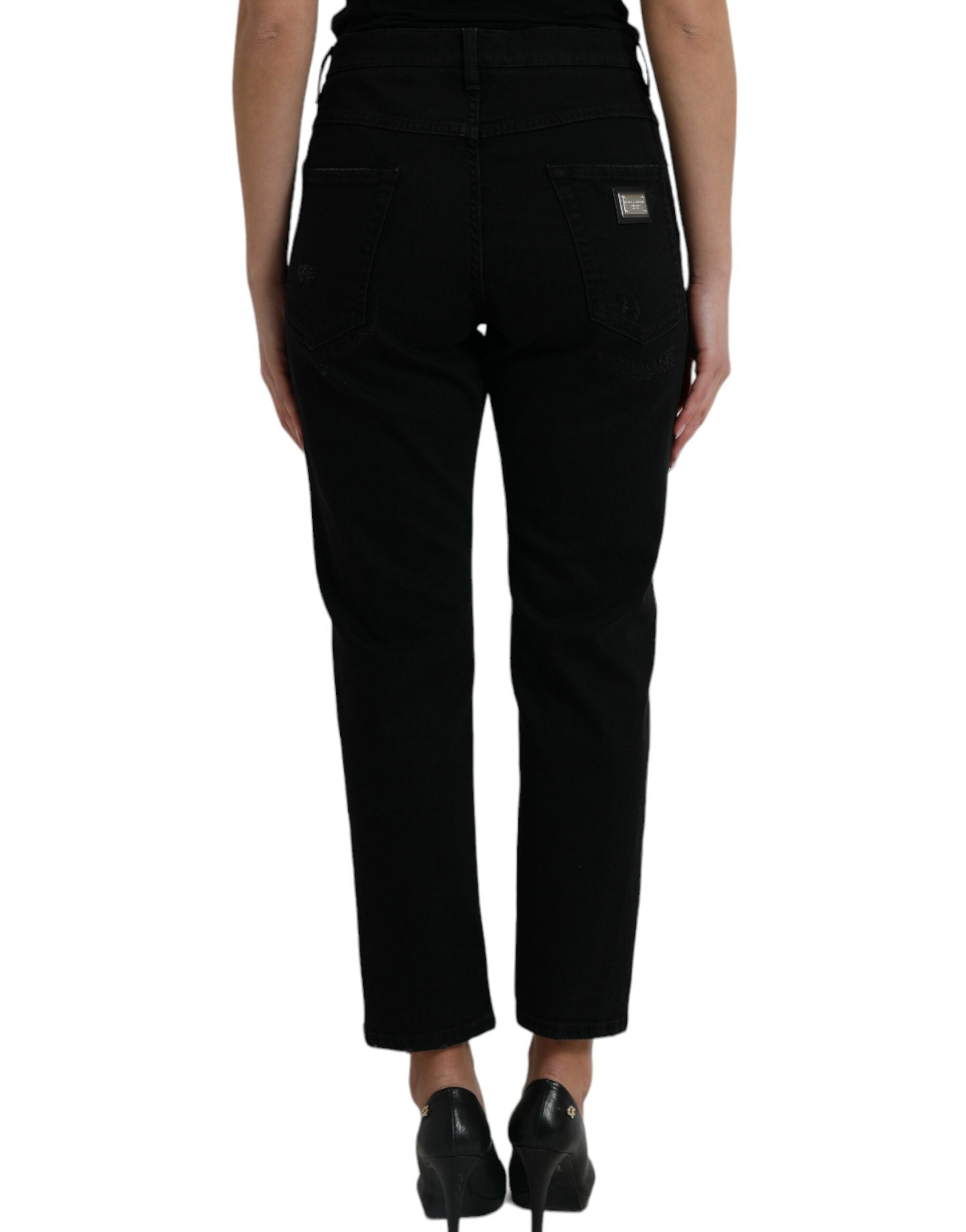 Dolce & Gabbana Black Cotton High Waist Tattered Denim Jeans -   -  Dolce & Gabbana.