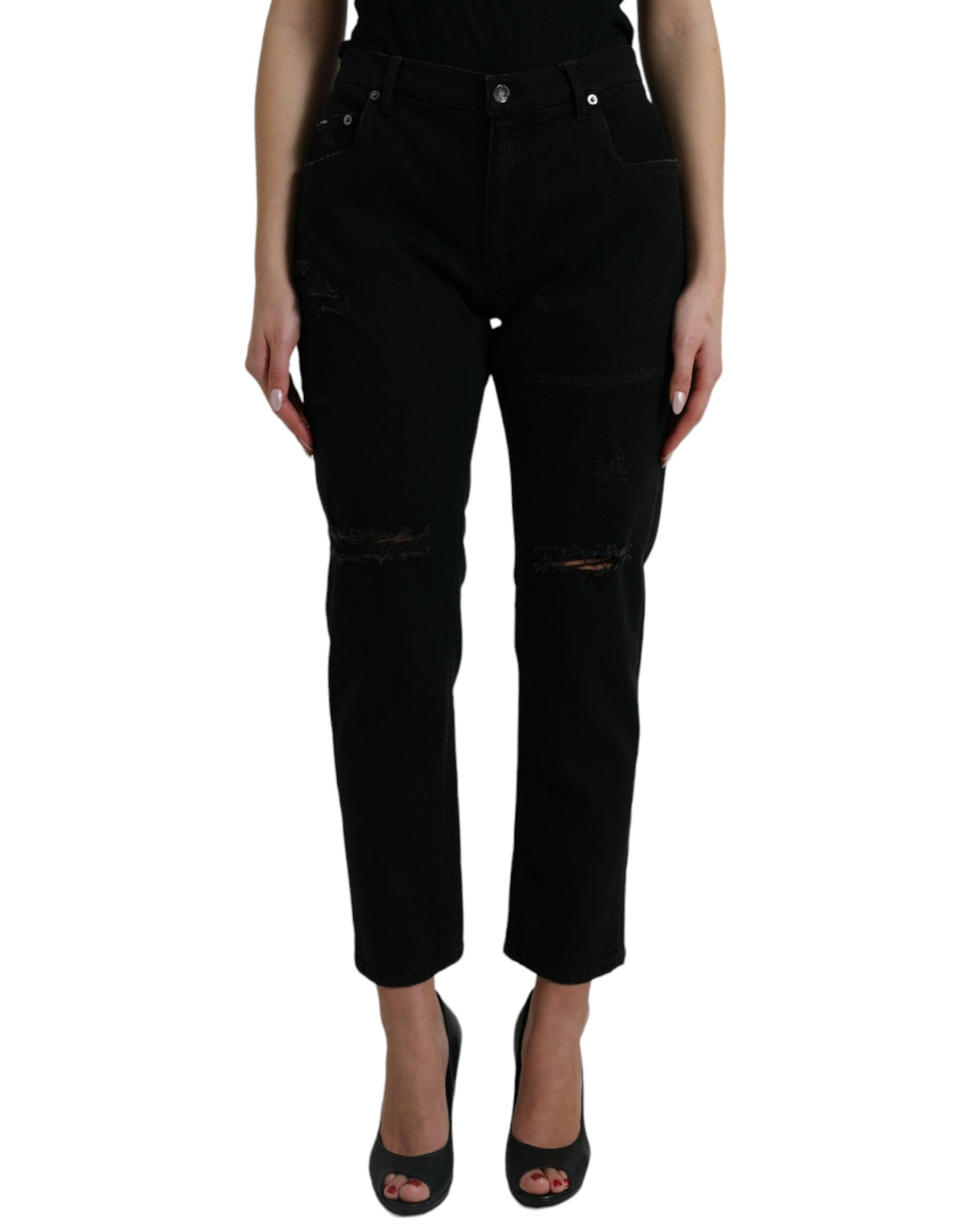 Dolce & Gabbana Black Cotton High Waist Tattered Denim Jeans -   -  Dolce & Gabbana.