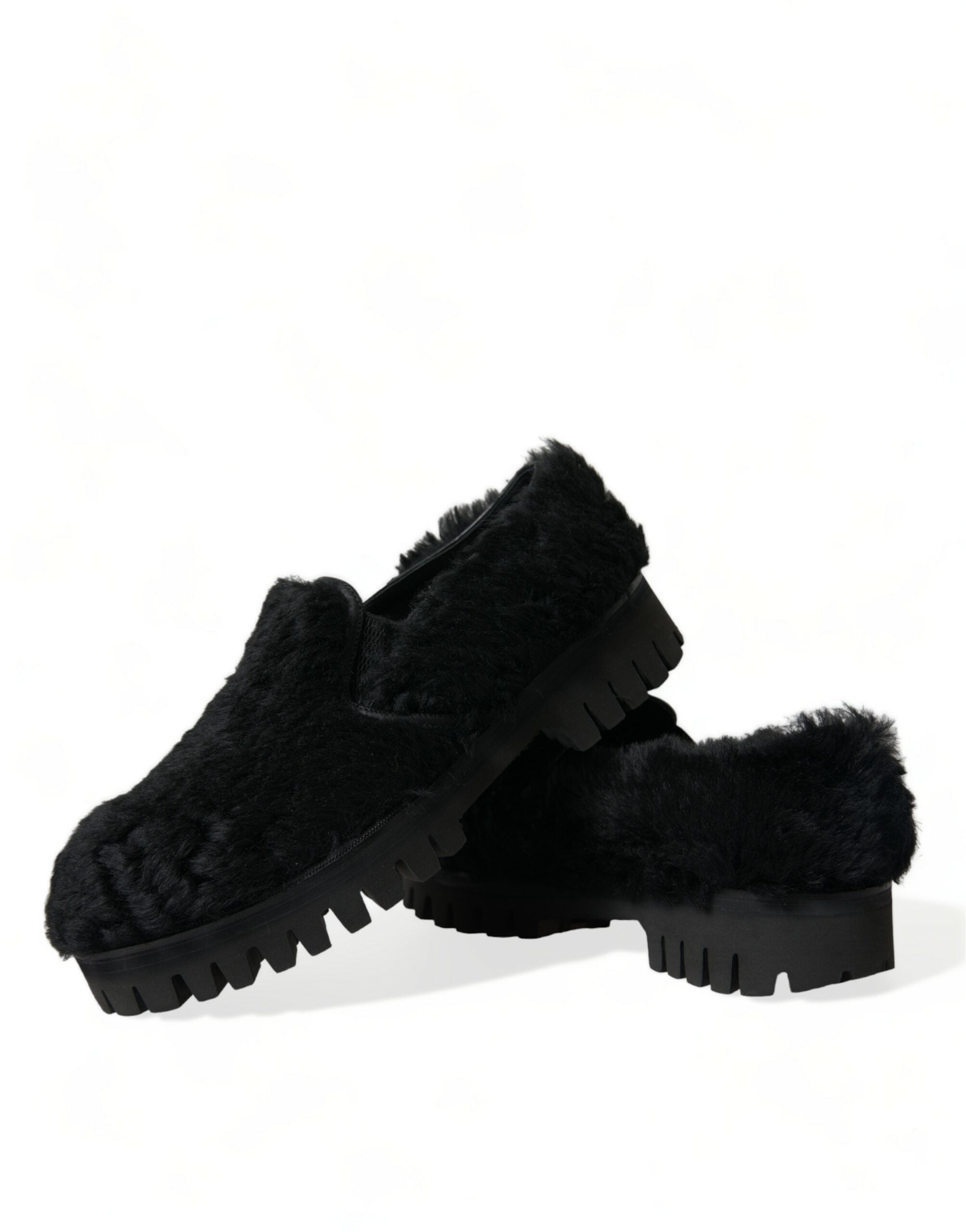 Dolce & Gabbana Black Fur Leather Slippers Dress Shoes -   -  Dolce & Gabbana.