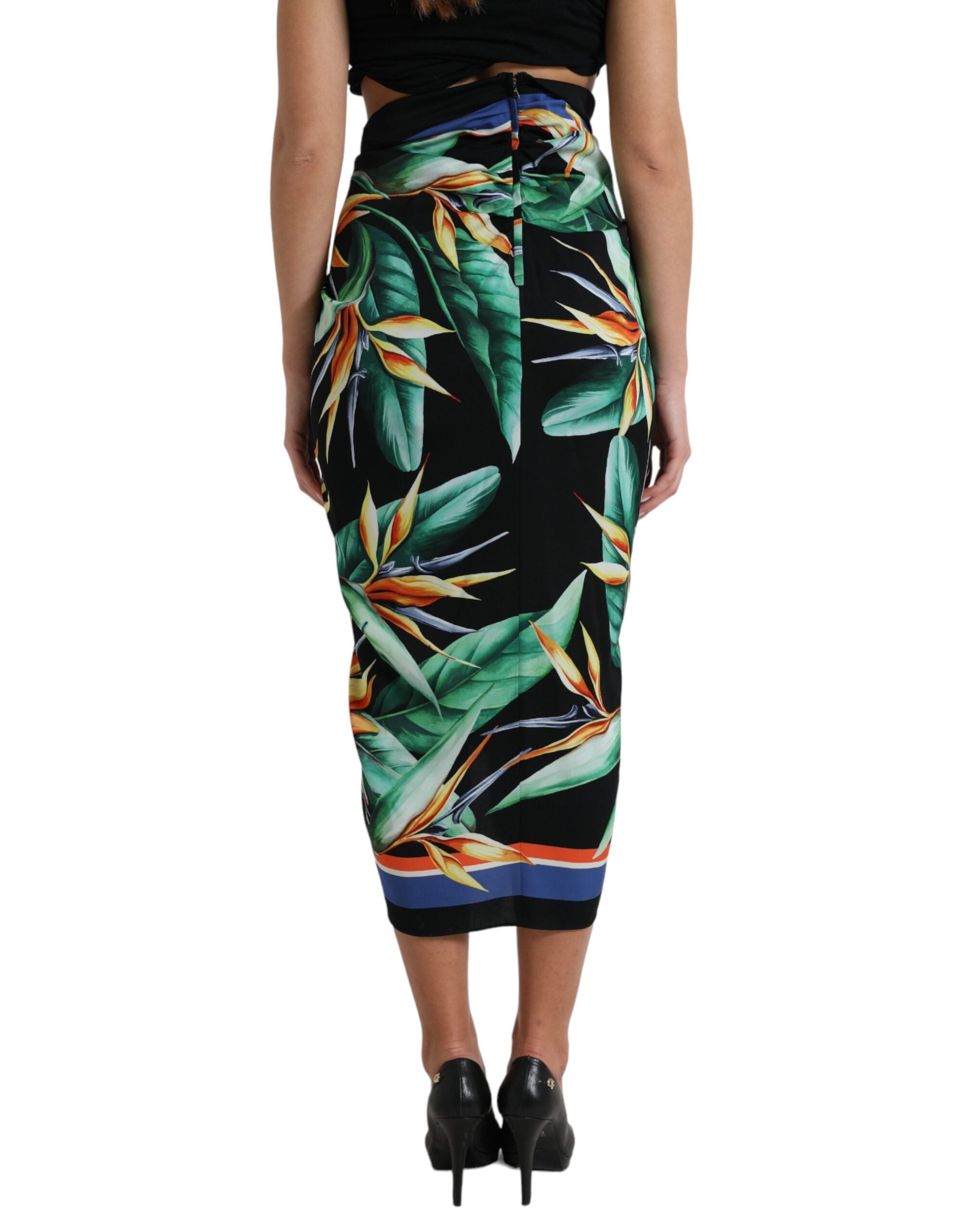 Dolce & Gabbana Black Strelitzia High Waist Wrap Midi Skirt -   -  Dolce & Gabbana.