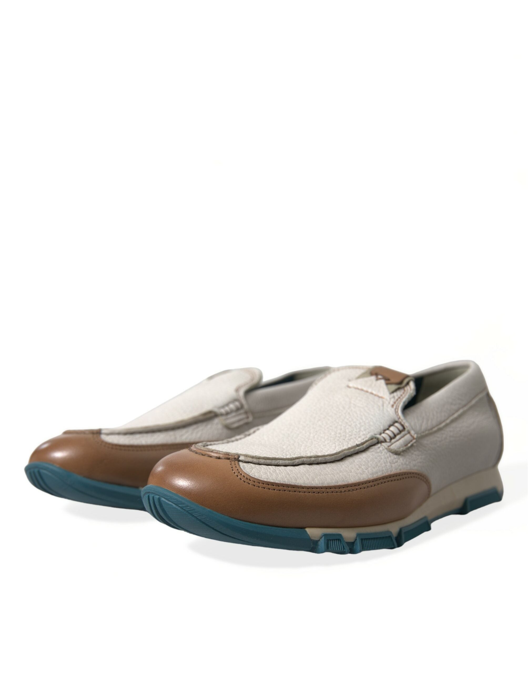 Dolce & Gabbana White Brown Leather Slip On Men Moccasin Shoes -   -  Dolce & Gabbana.