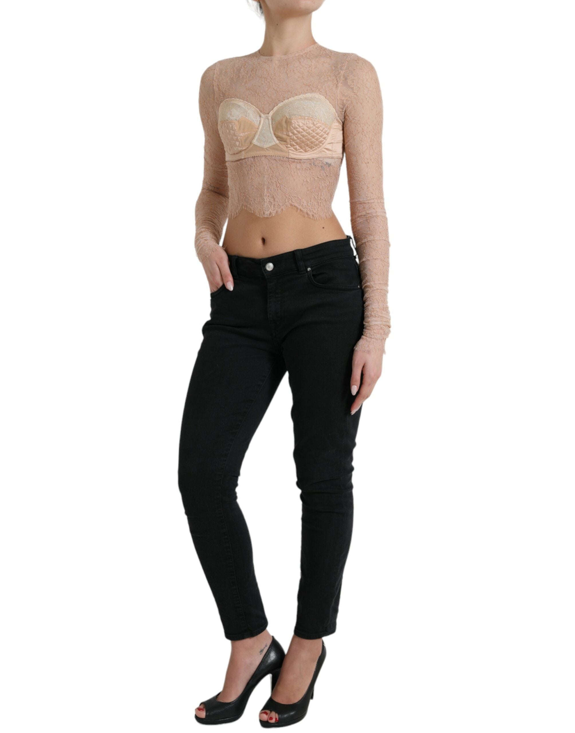 Dolce & Gabbana Beige Nylon Floral Lace Bustier Cropped Top -   -  Dolce & Gabbana.