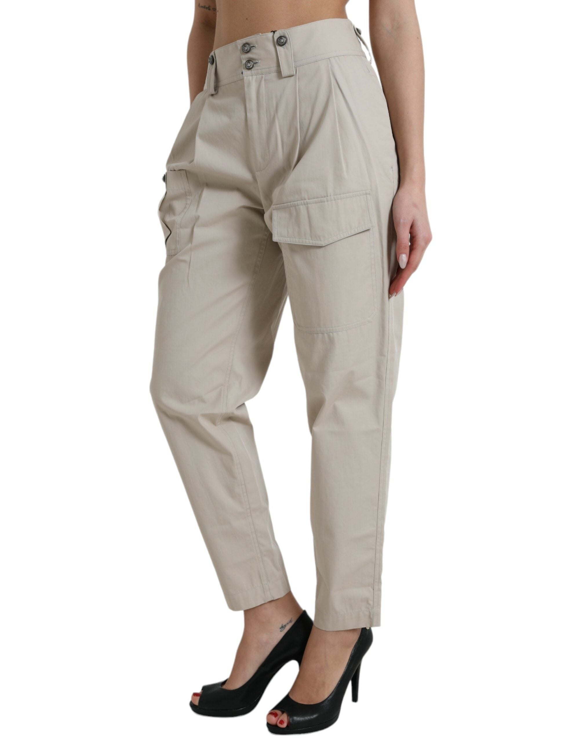 Dolce & Gabbana Beige Cotton High Waist Tapered Pants -   -  Dolce & Gabbana.
