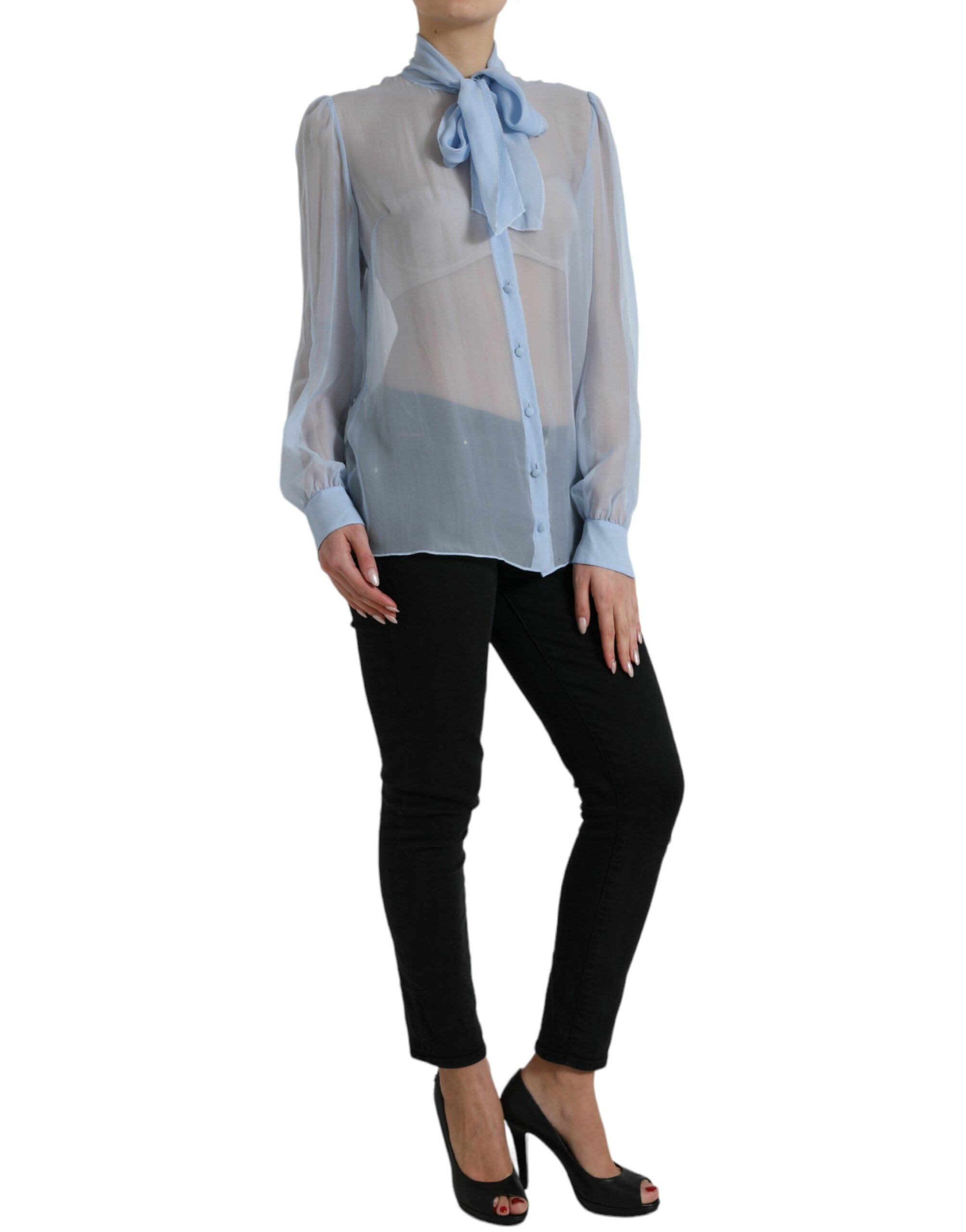 Dolce & Gabbana Blue Long Sleeves Ascot Collar Blouse Top -   -  Dolce & Gabbana.