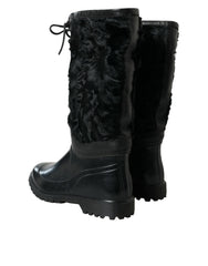 Dolce & Gabbana Black Rubber Lace Up Shearling Rain Boots Shoes -   -  Dolce & Gabbana.