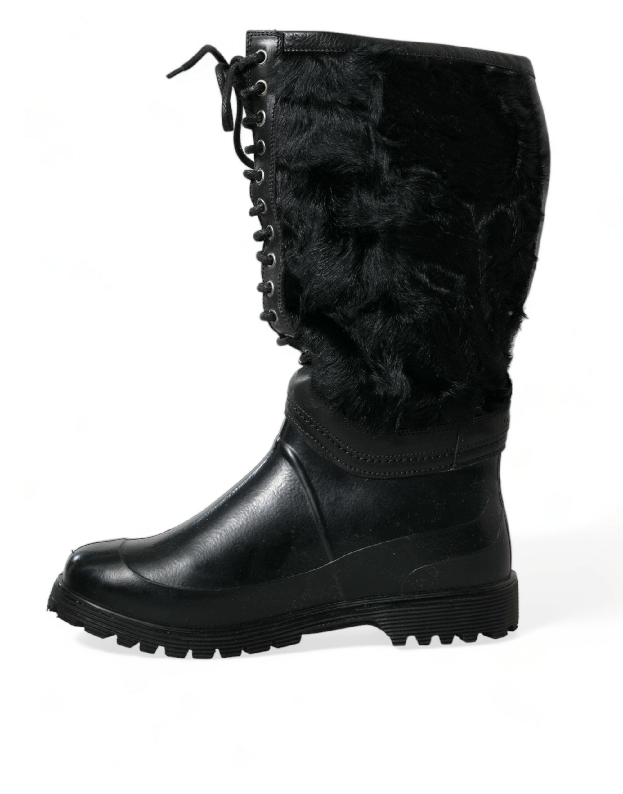 Dolce & Gabbana Black Rubber Lace Up Shearling Rain Boots Shoes -   -  Dolce & Gabbana.