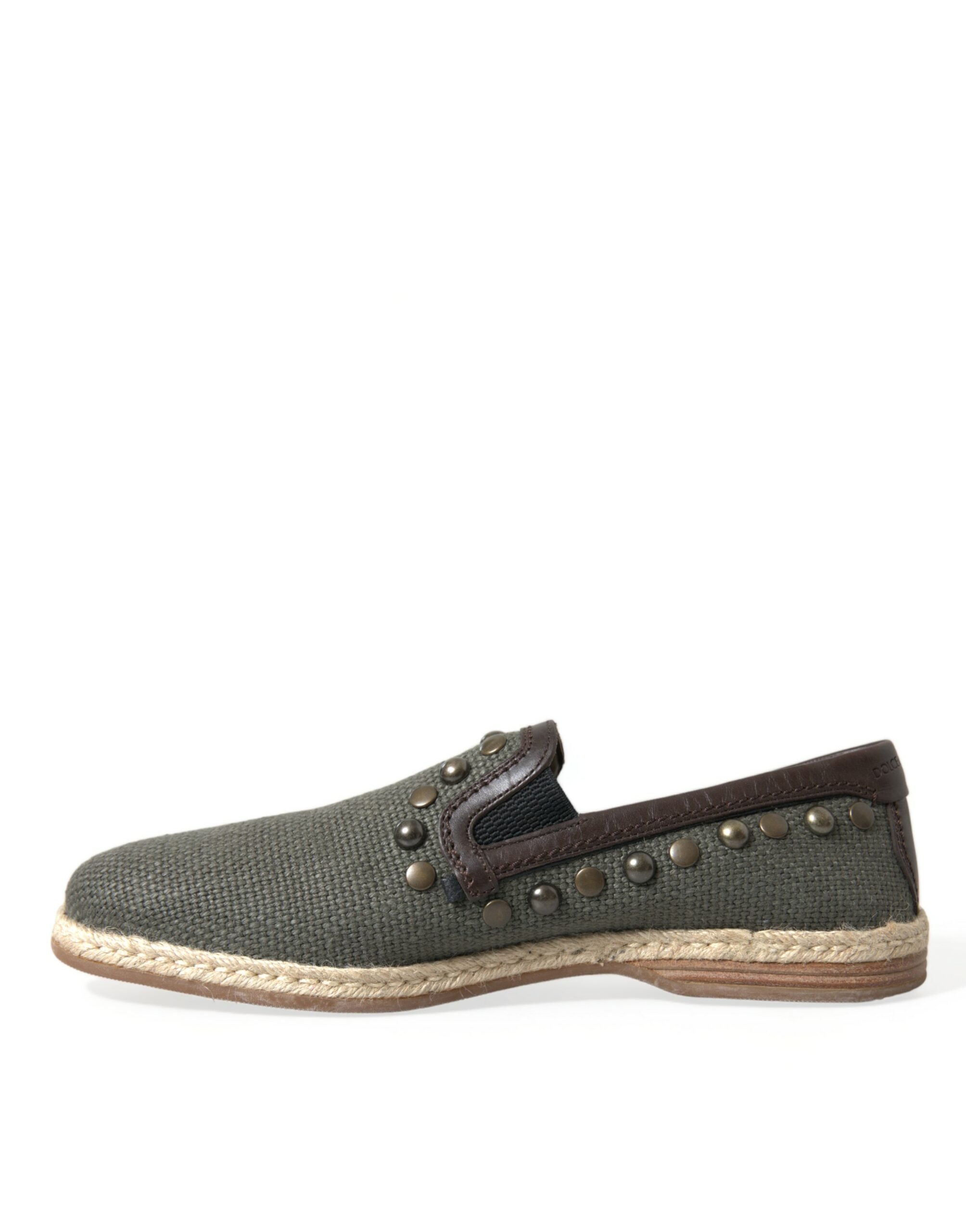 Dolce & Gabbana Gray Linen Leather Studded Loafers Shoes -   -  Dolce & Gabbana.