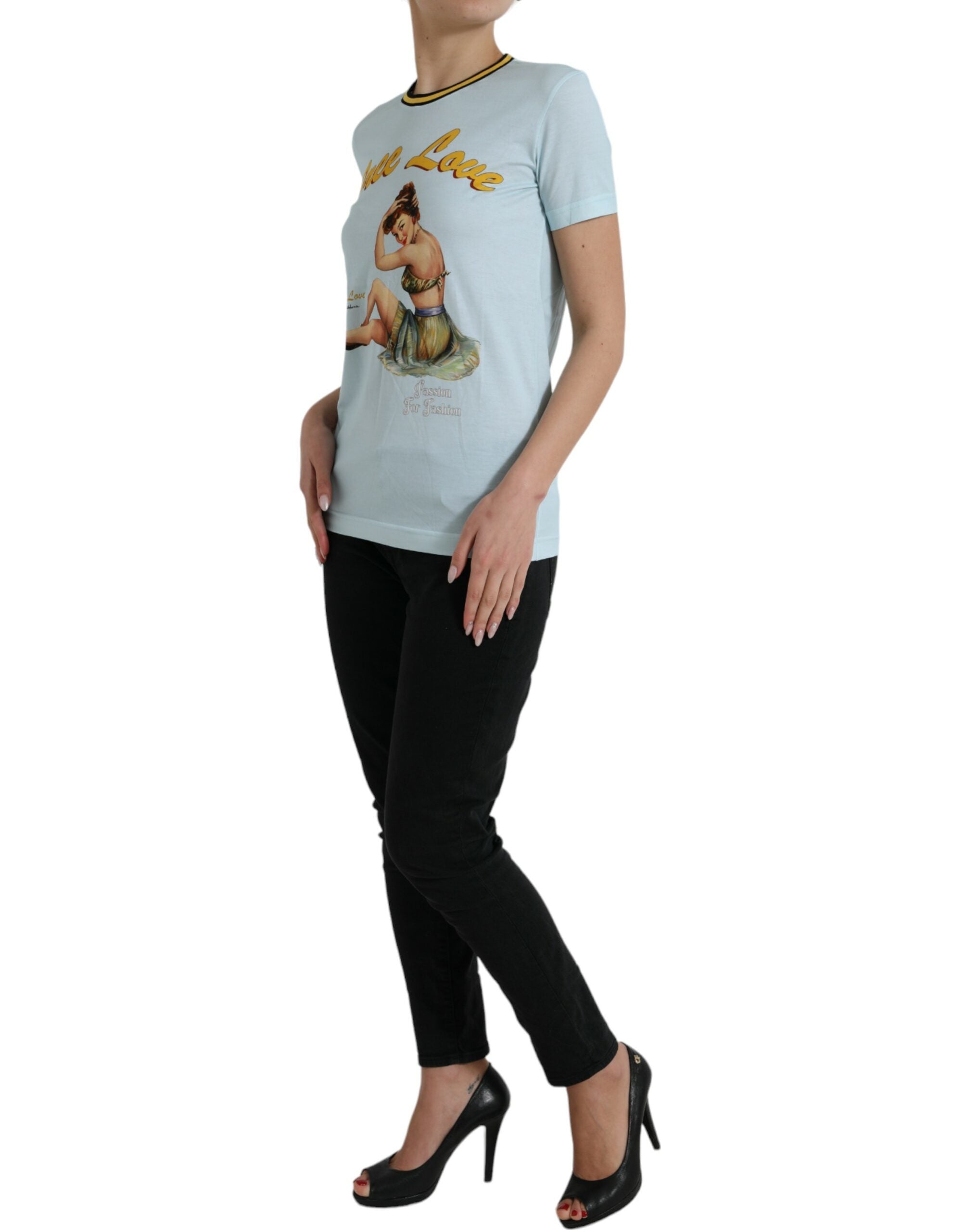 Dolce & Gabbana Light Blue Cotton Free Love Crew Neck T-shirt -   -  Dolce & Gabbana.
