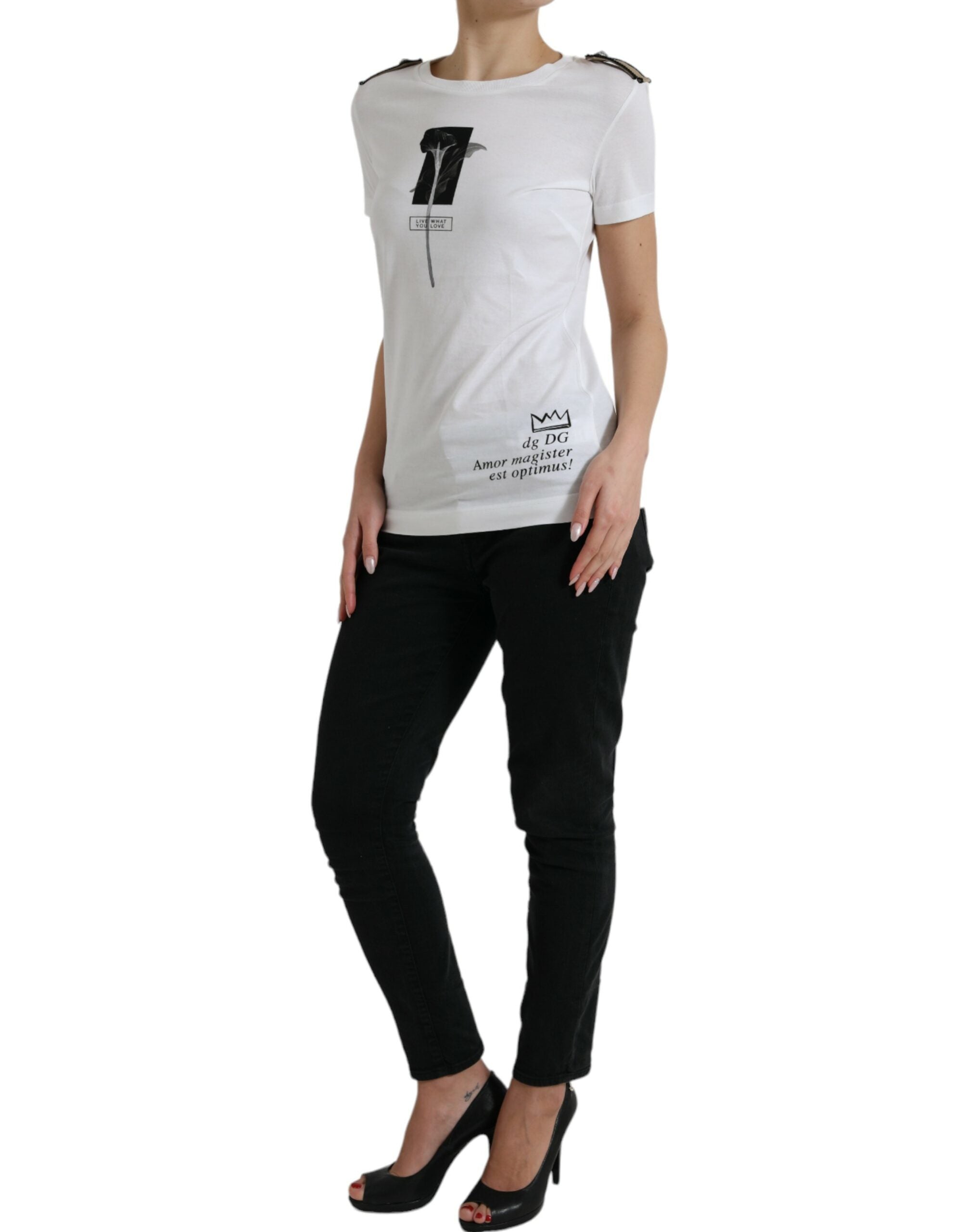 Dolce & Gabbana White Black Roses Crewneck Cotton T-shirt -   -  Dolce & Gabbana.