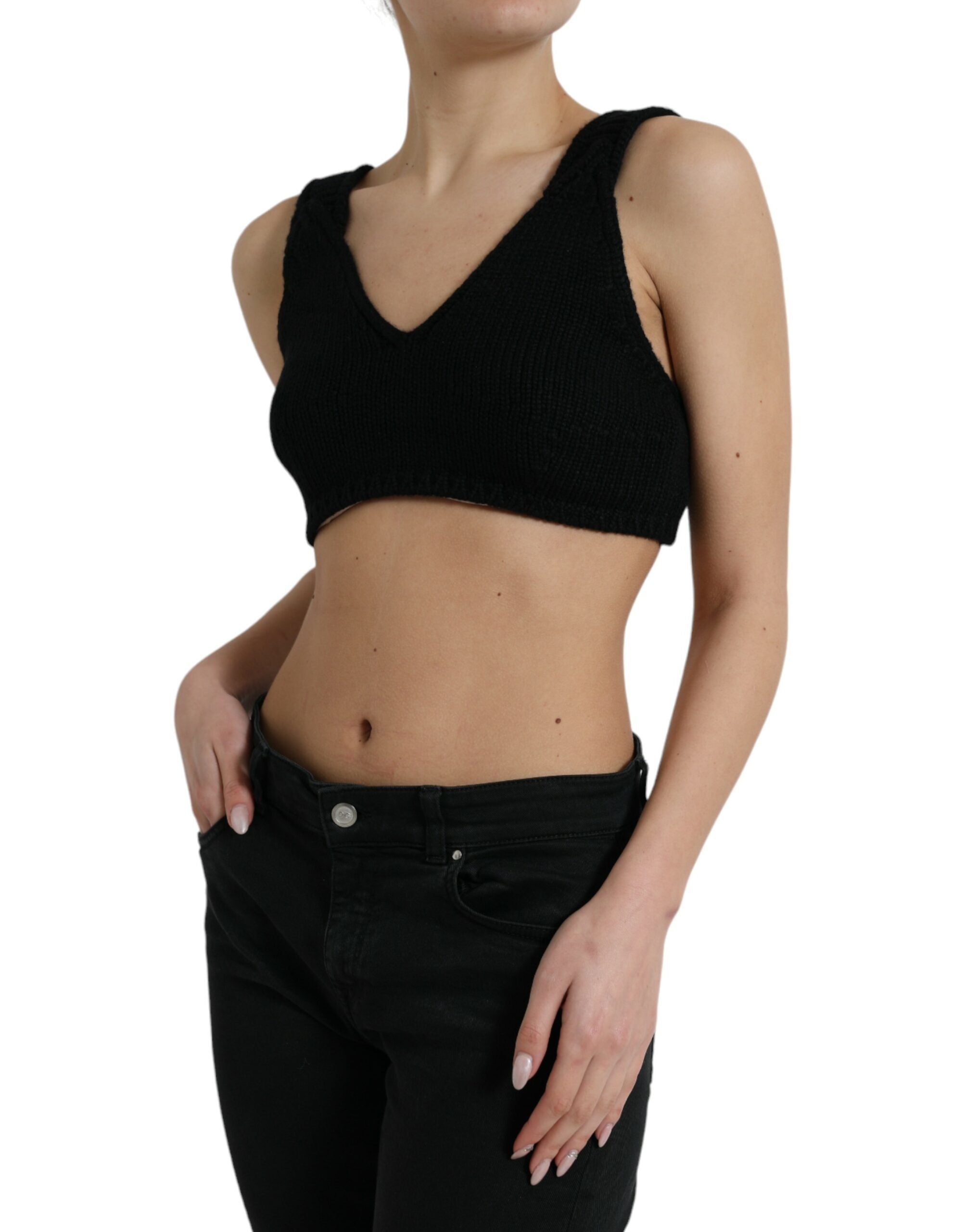 Dolce & Gabbana Black Cropped Cashmere V-neck Bustier Top -   -  Dolce & Gabbana.