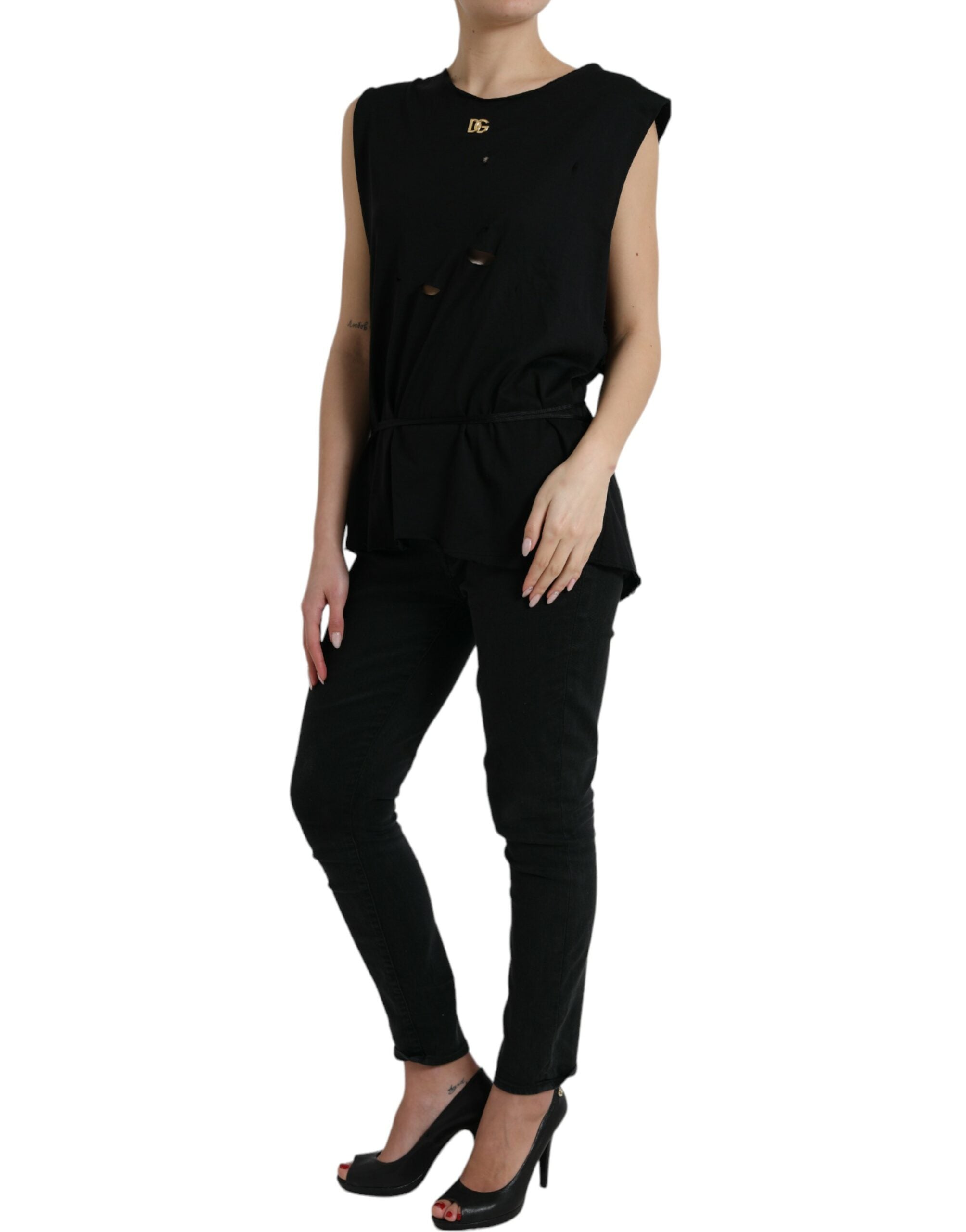 Dolce & Gabbana Black Cotton Lace Up Logo Round Neck Tank Top -   -  Dolce & Gabbana.