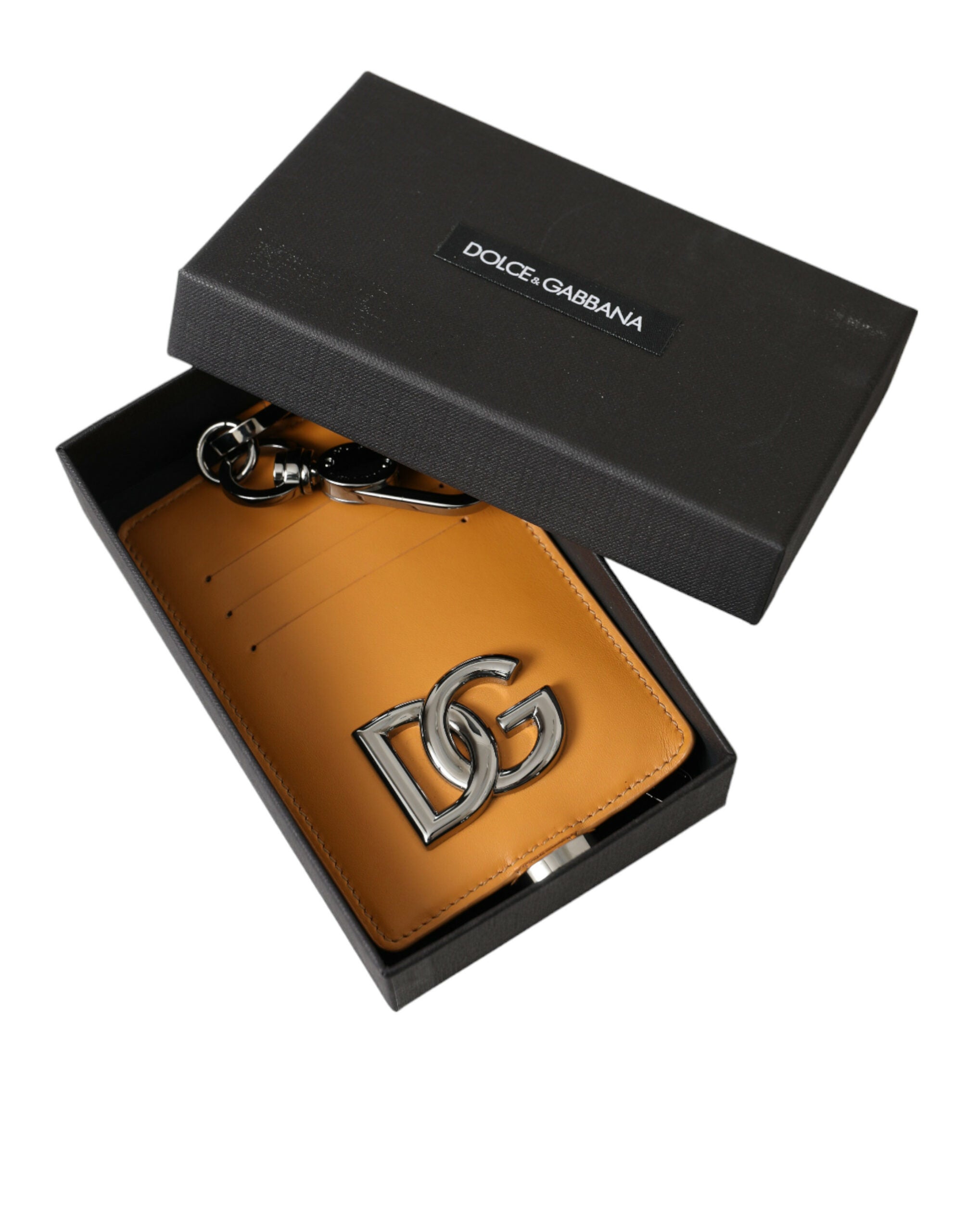 Dolce & Gabbana Orange Calf Leather Credit Card Holder Clip On Wallet -  Leather Card Holder for Men -  Dolce & Gabbana.
